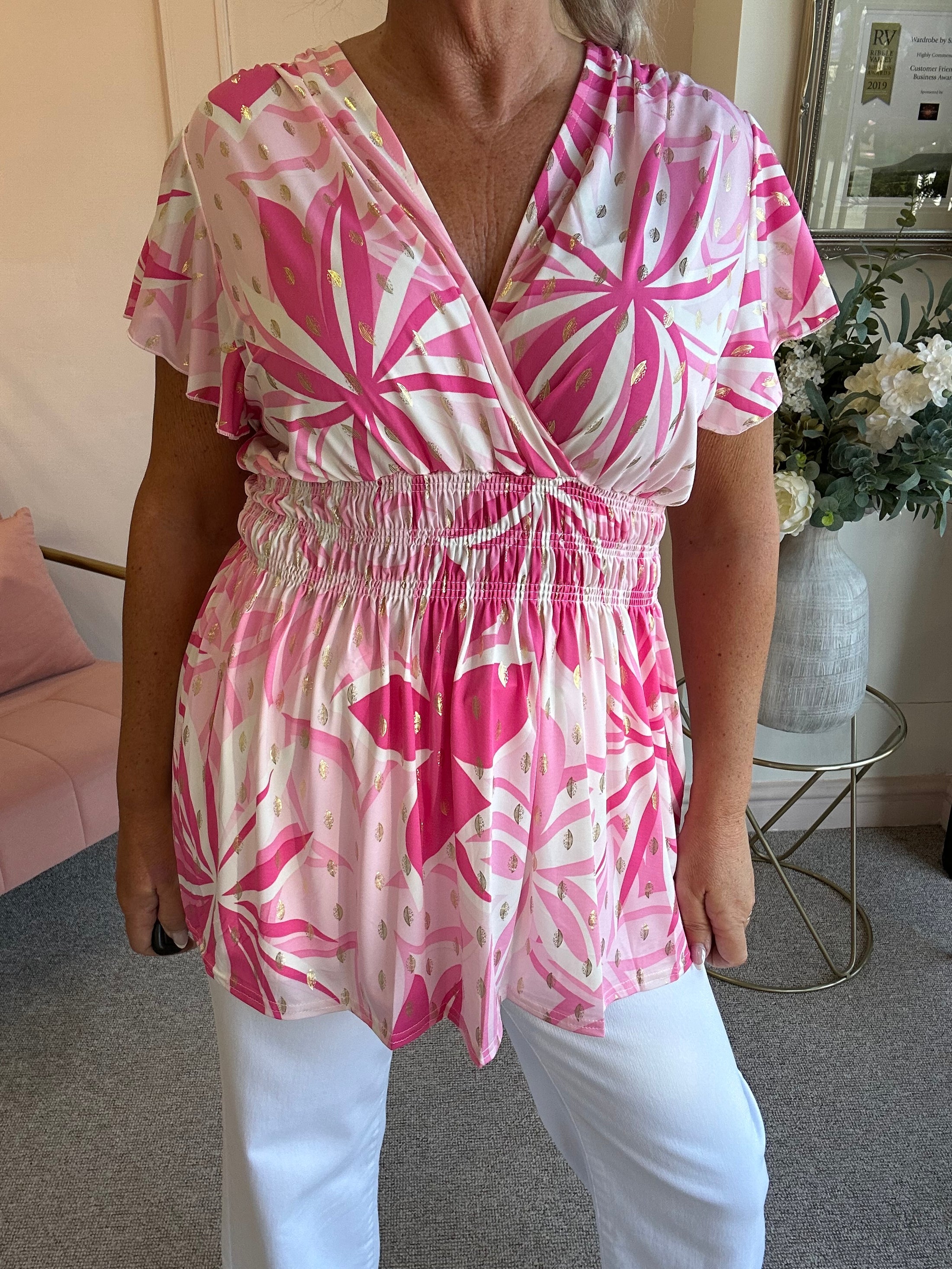 Slinky Cross Over Long Top  - Pink/White - Wardrobe By Simone