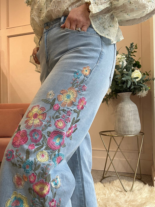 Pretty Embroidered Flowes Jean - Denim Blue - Wardrobe By Simone