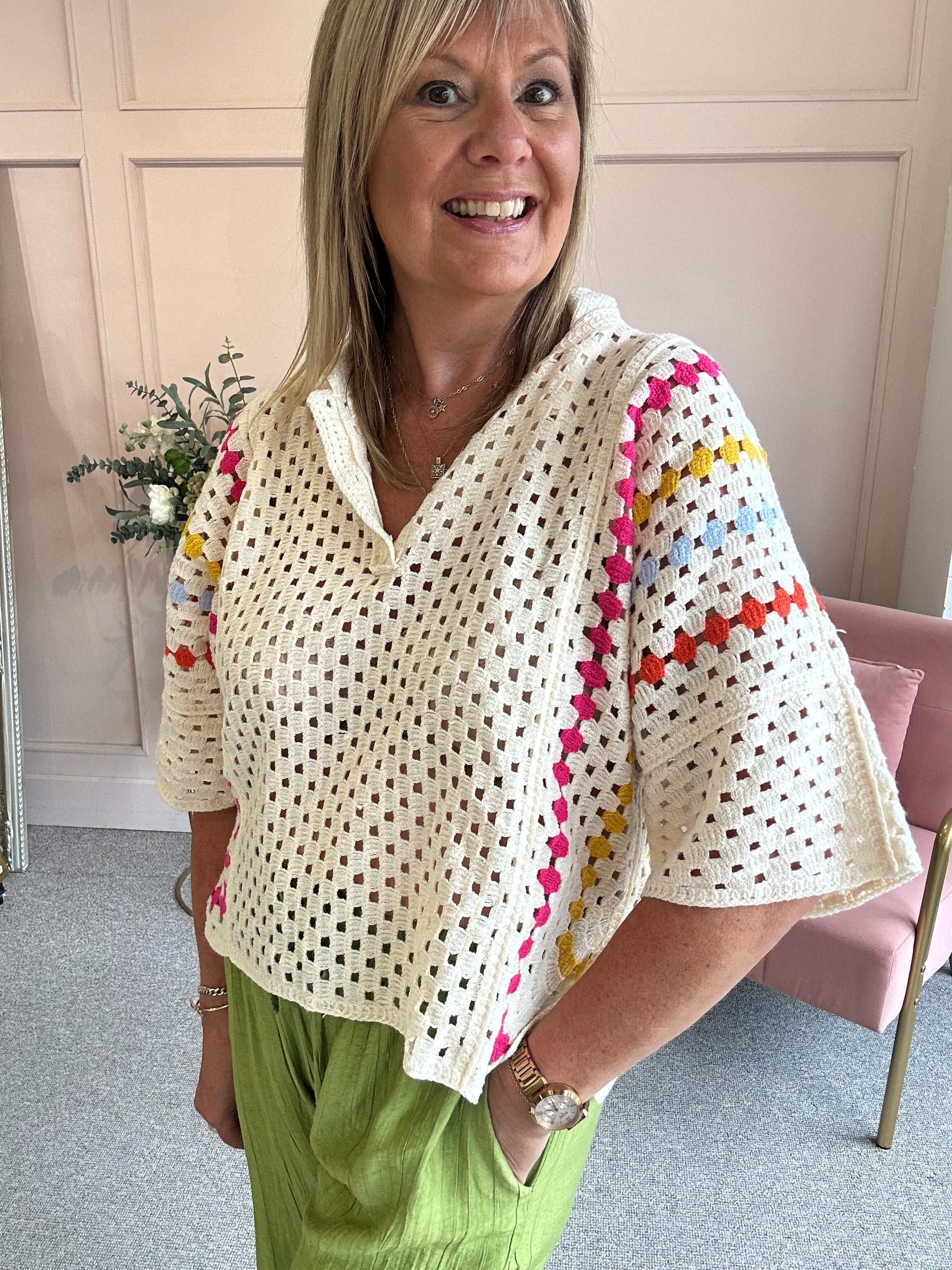 Collared Crochet Jumper - Cream/Mix