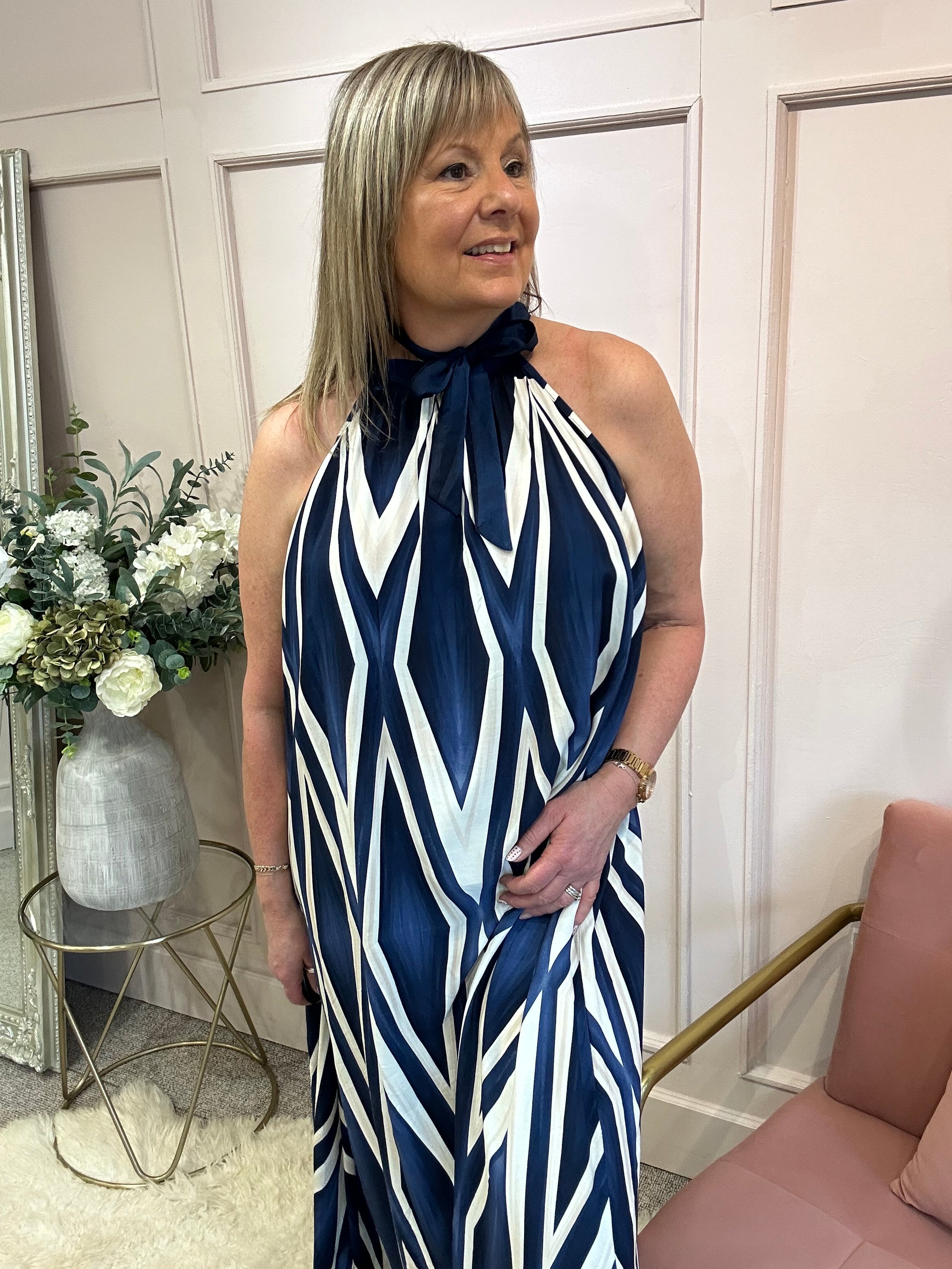 Halter Neck Maxi Dress - Navy/Cream - Wardrobe By Simone