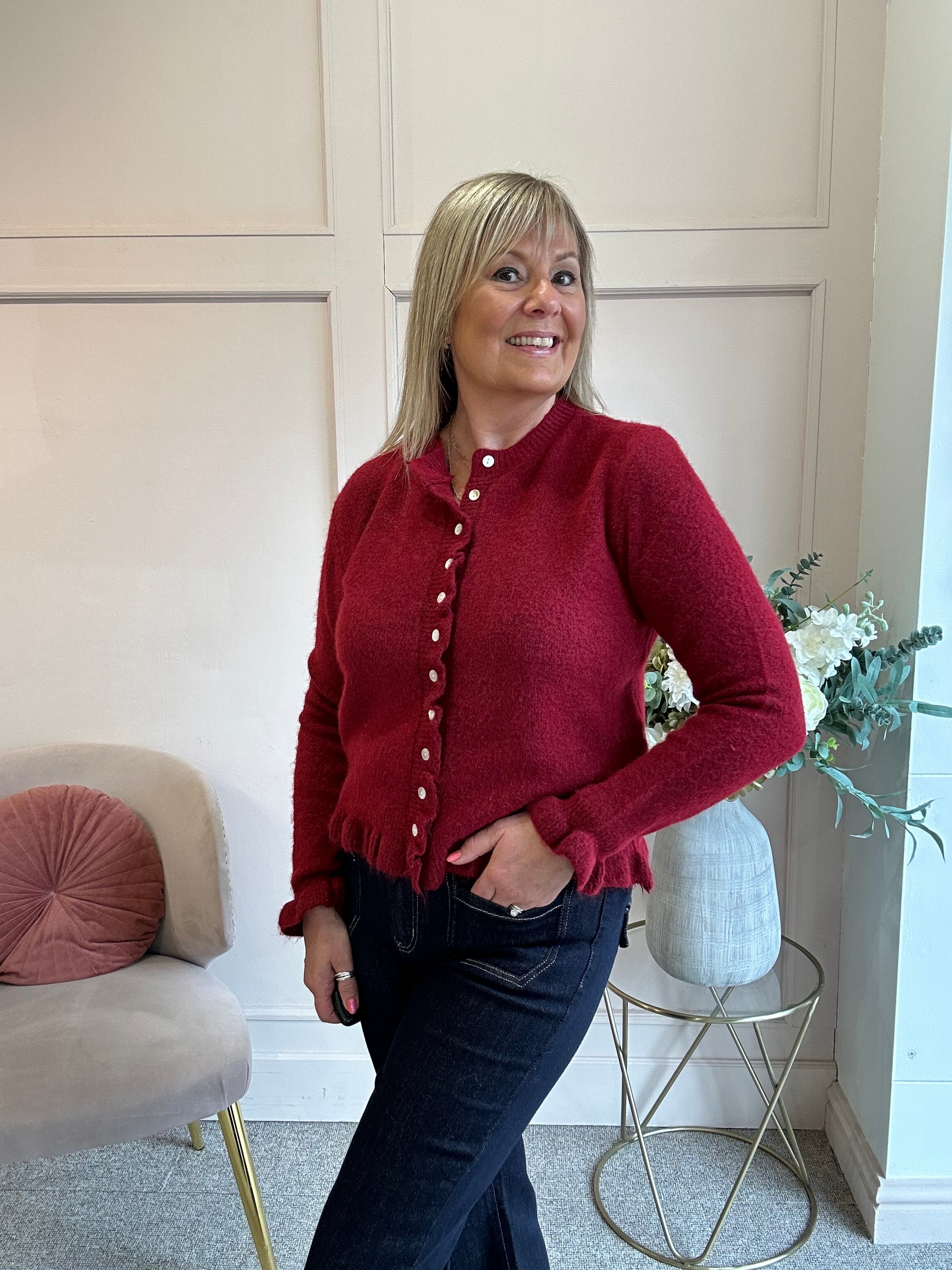 Frill Edge Cardigan - Burgundy