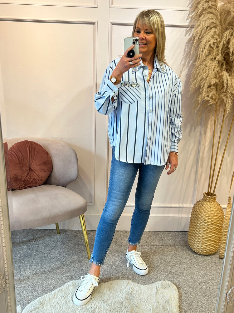 Striped Shirt With Embellished detail  - Blue