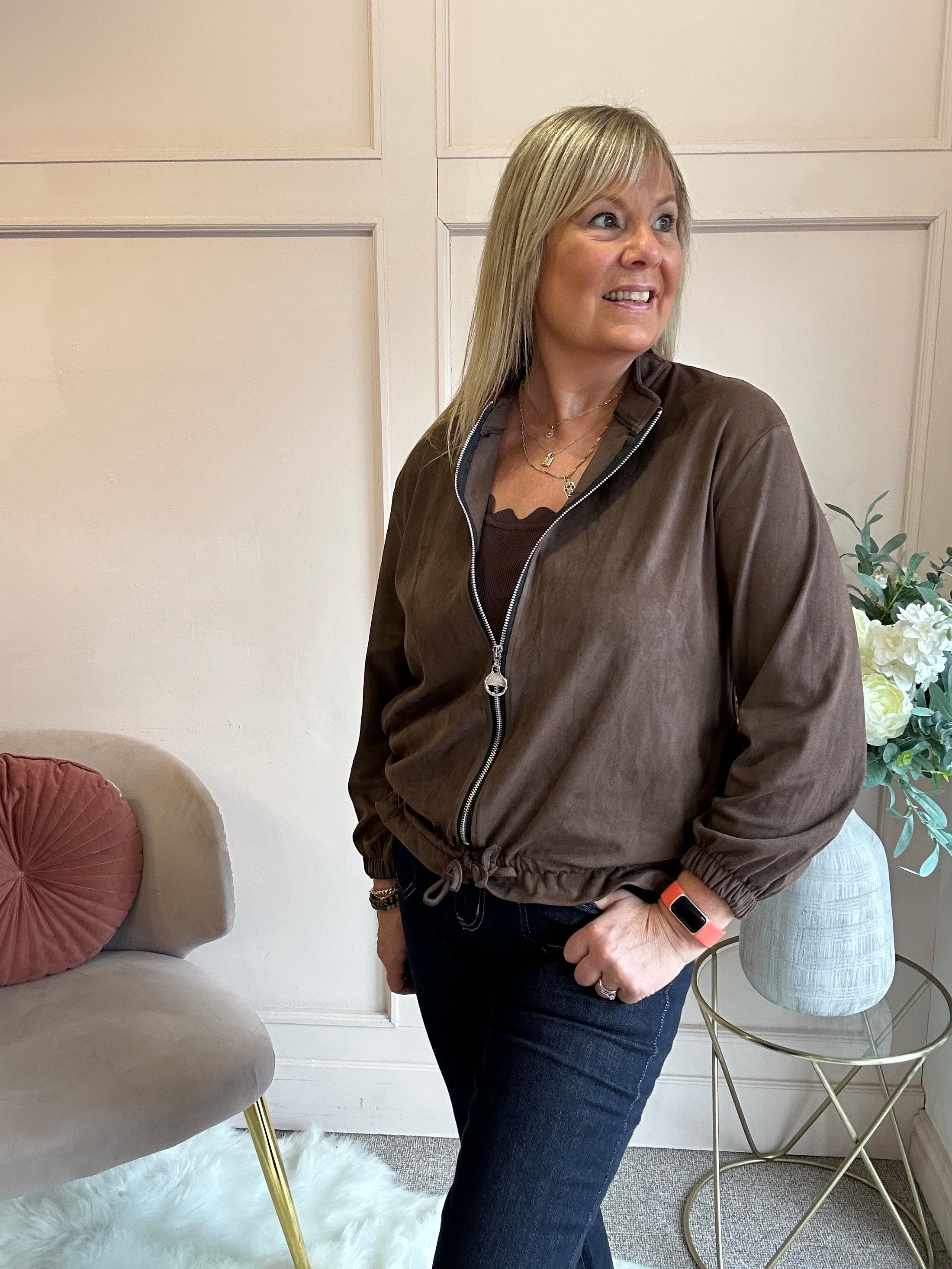 Suedette Zip Jacket - Chocolate Brown