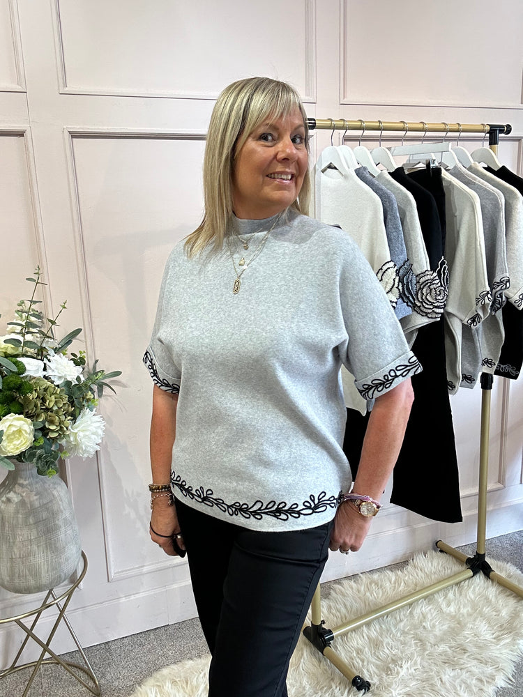 Embroidered Leaf Detail Jumper - Marble Grey