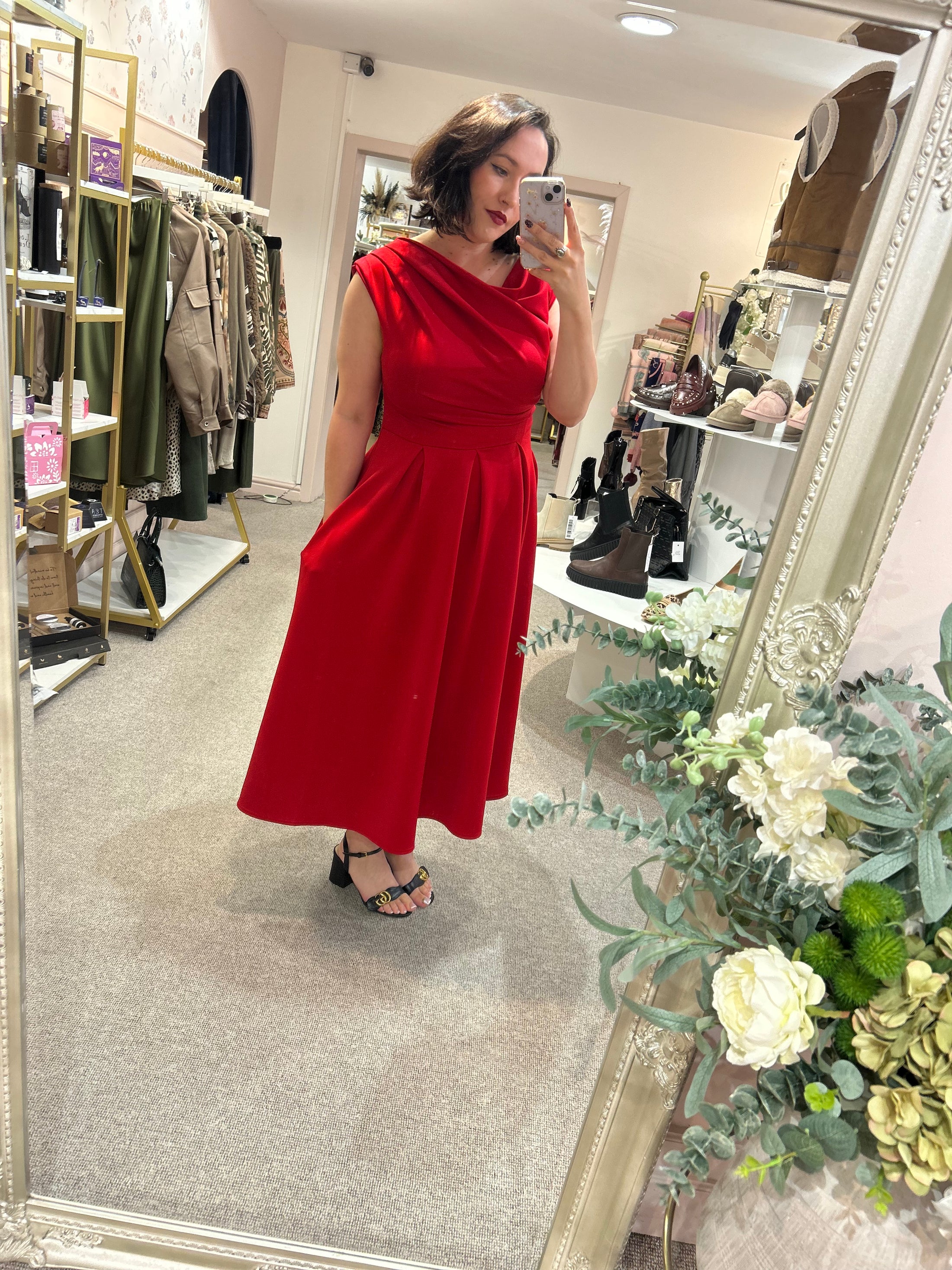 Asymmetric Neckline Skater Dress - Red