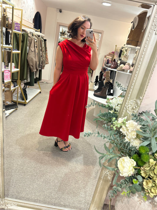 Asymmetric Neckline Skater Dress - Red