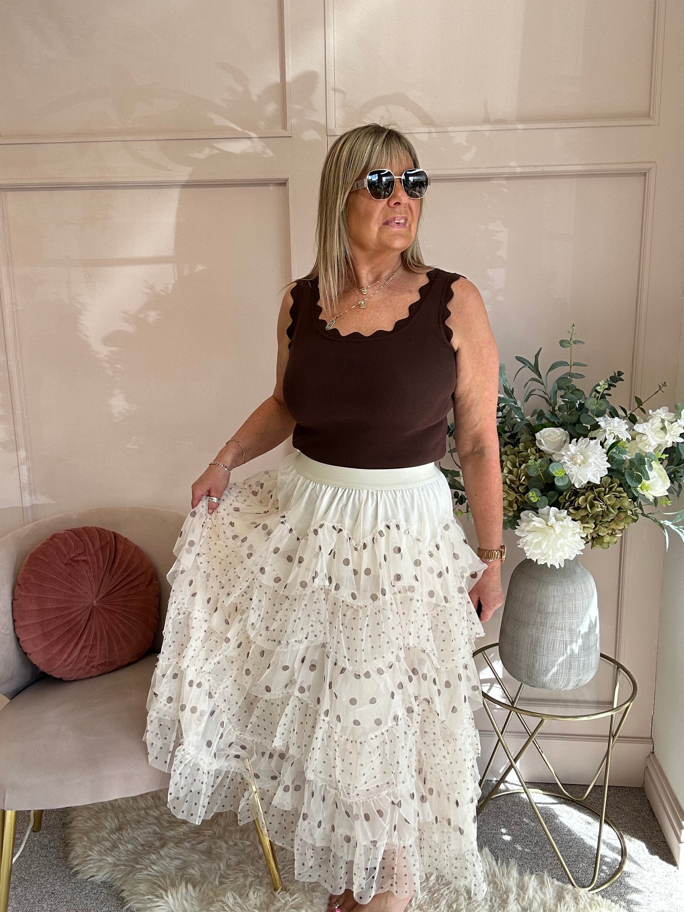Spotty Tiered Net Maxi Skirt - Cream/Brown - Wardrobe By Simone