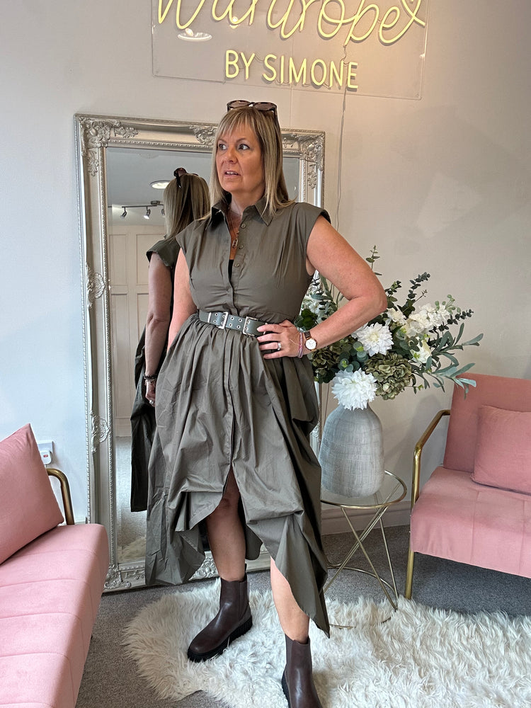 Quirky Belted Ruched Skirt Dress - Khaki