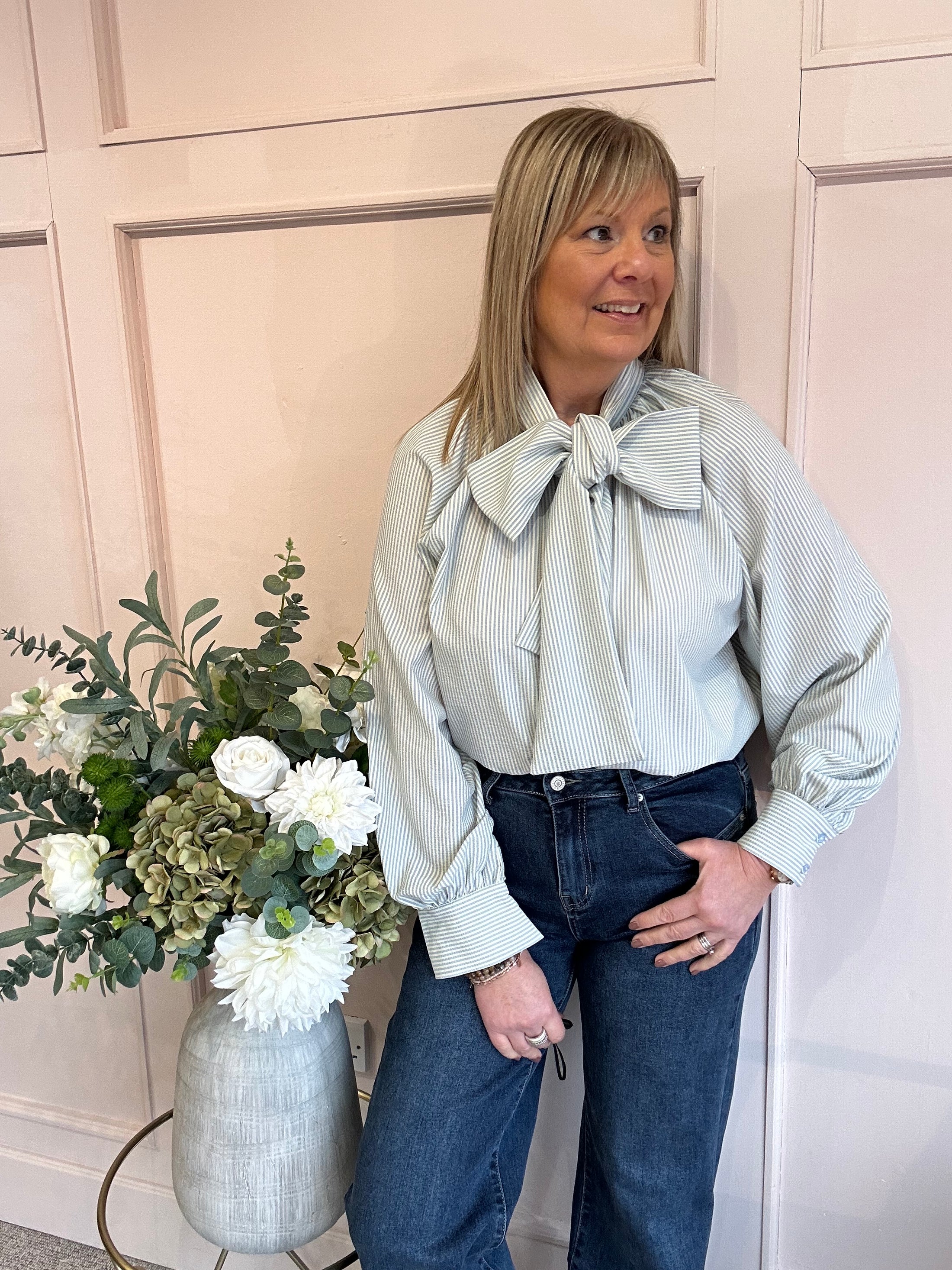 Striped Bow Blouse - Aqua Blue / Cream
