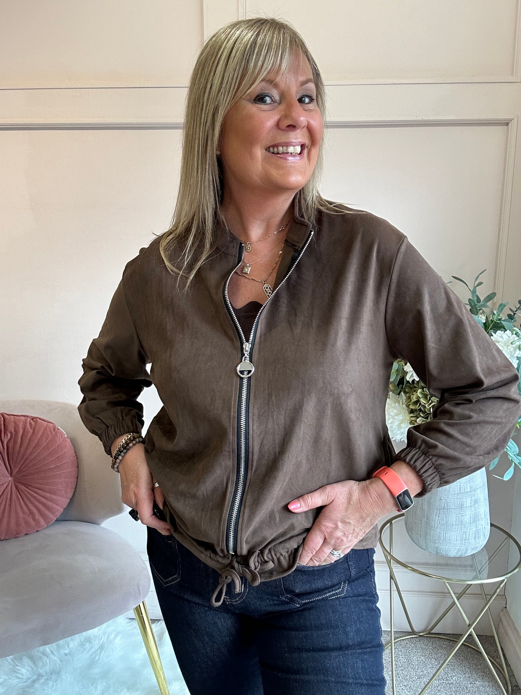 Suedette Zip Jacket - Chocolate Brown