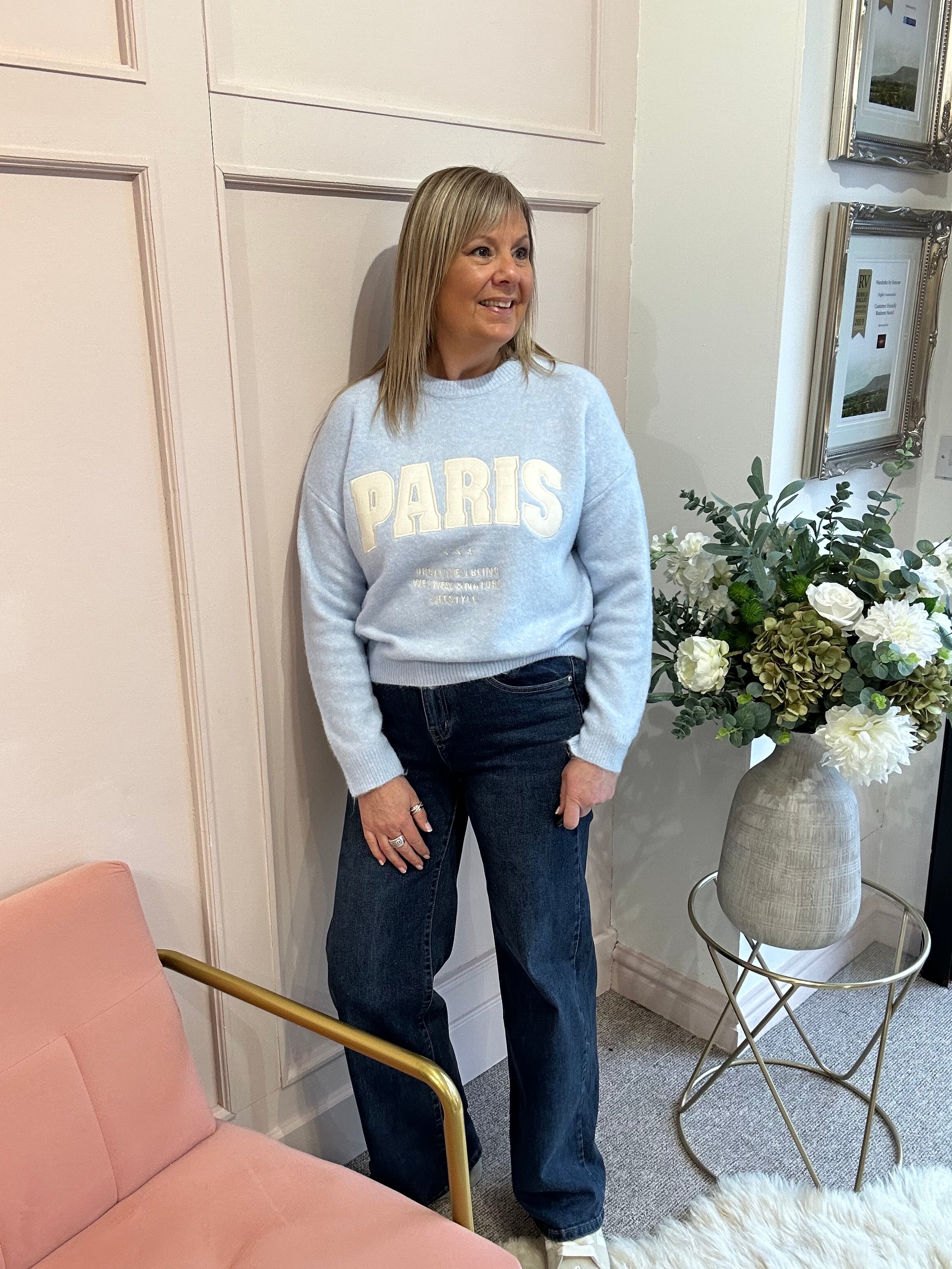 Embossed Paris Jumper - Powder Blue