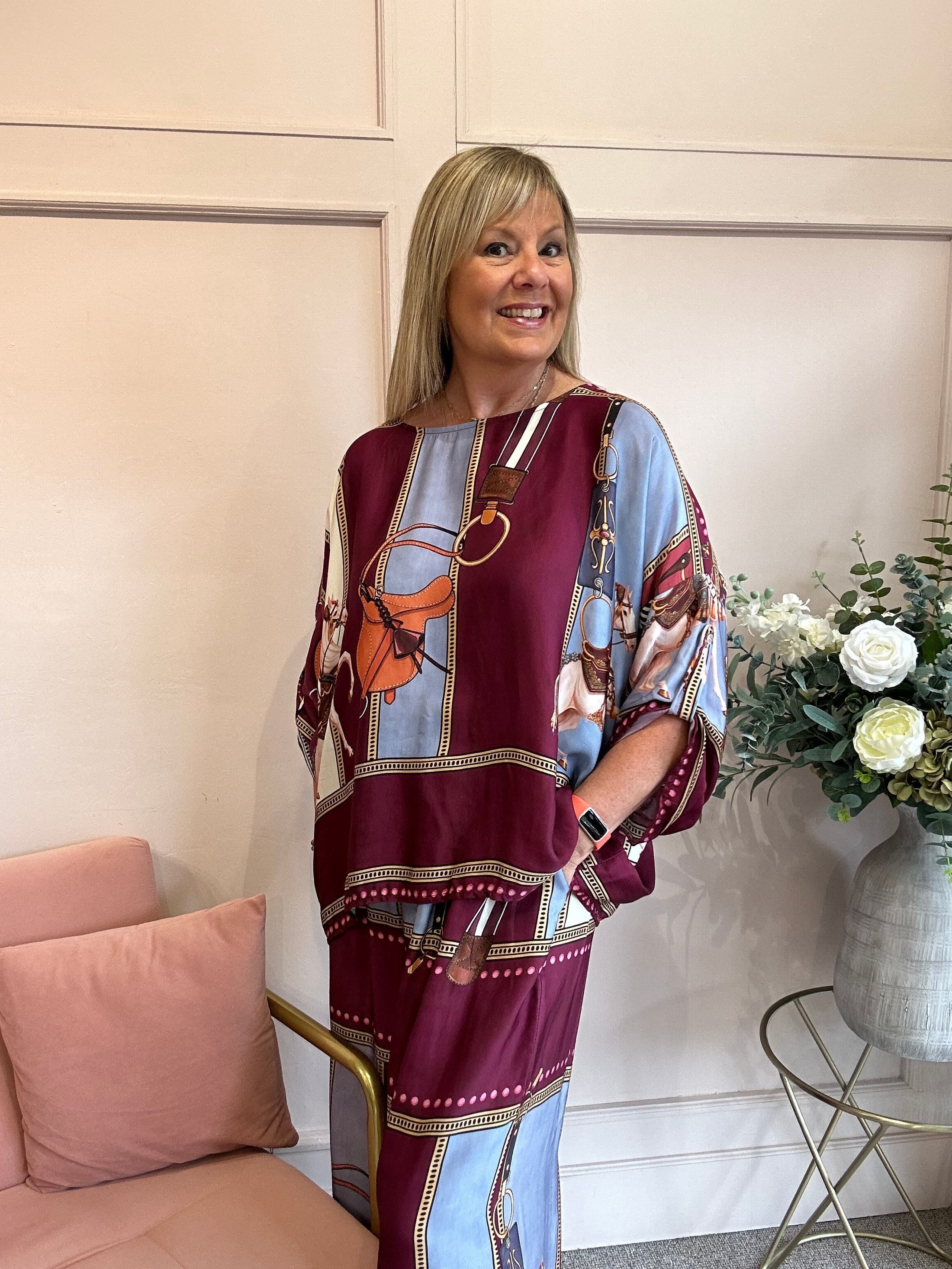 Horse & Bridle Silk Top - Burgundy/Blue - Wardrobe By Simone
