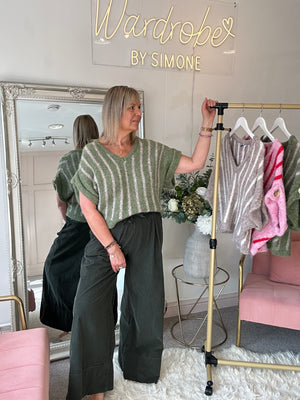 Gold Button Stipe Jumper - Green/Beige