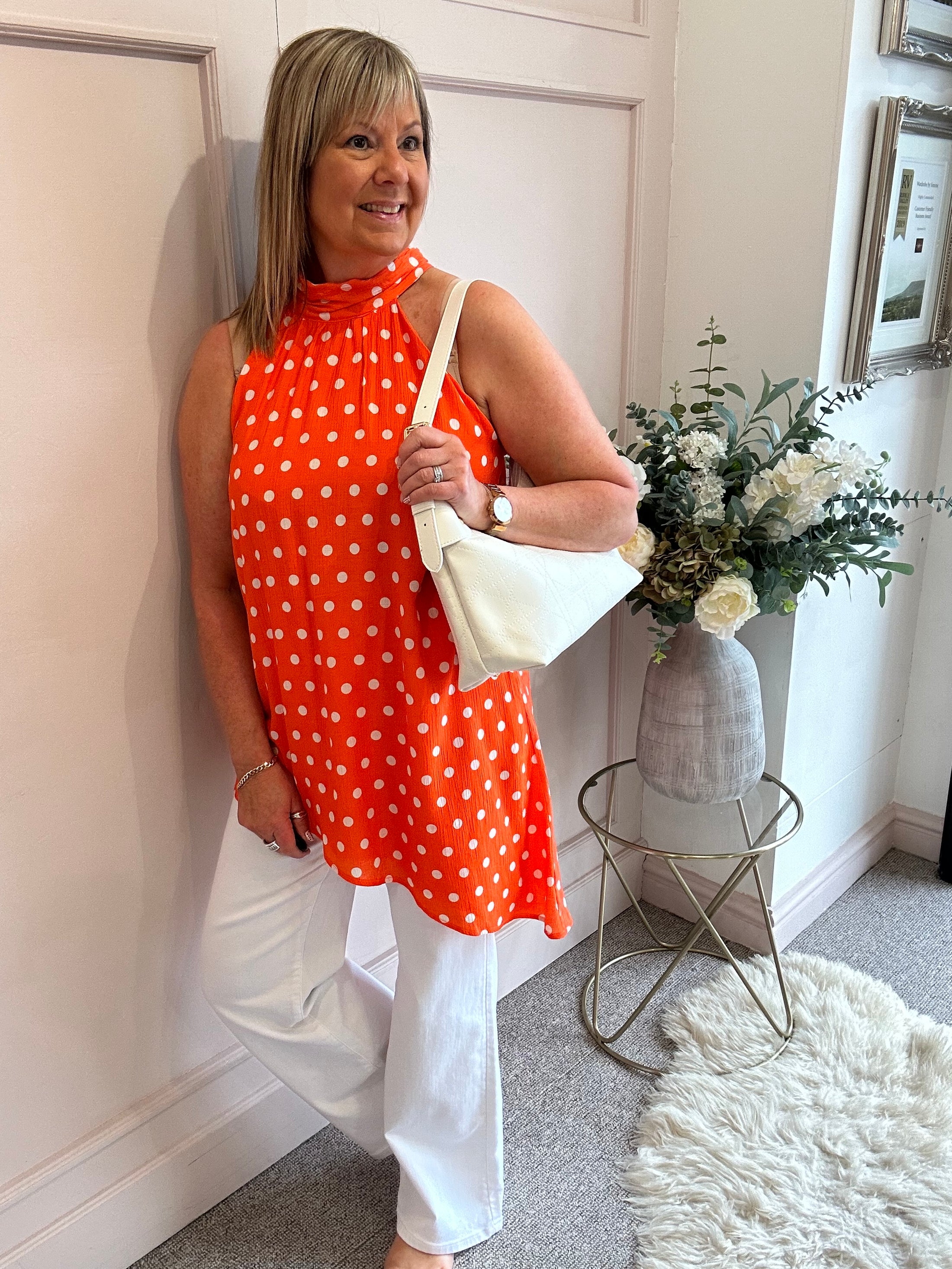 Polka Dot Halter Neck Top - Orange/White - Wardrobe By Simone