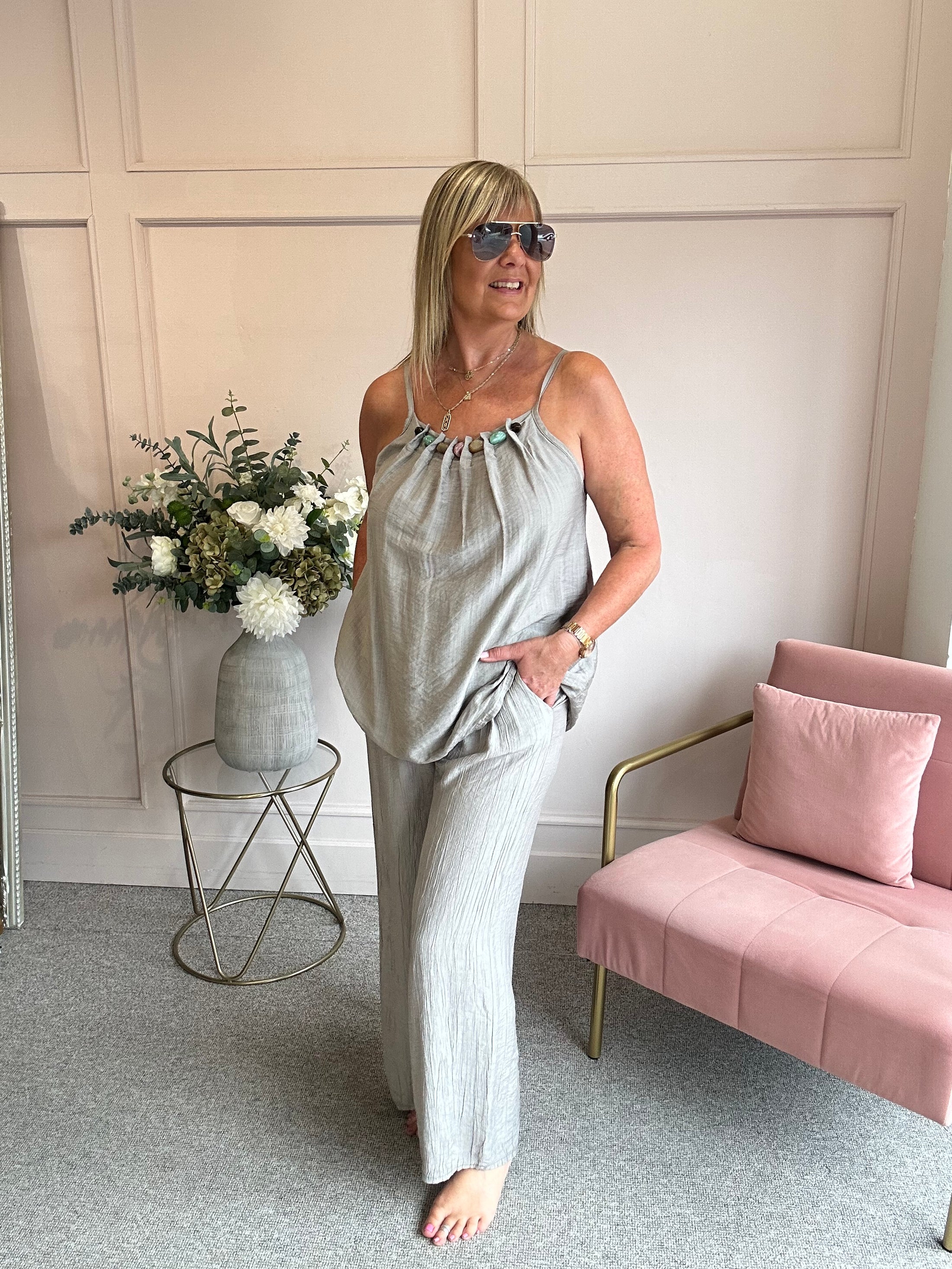 Beaded Cami Top - Taupe