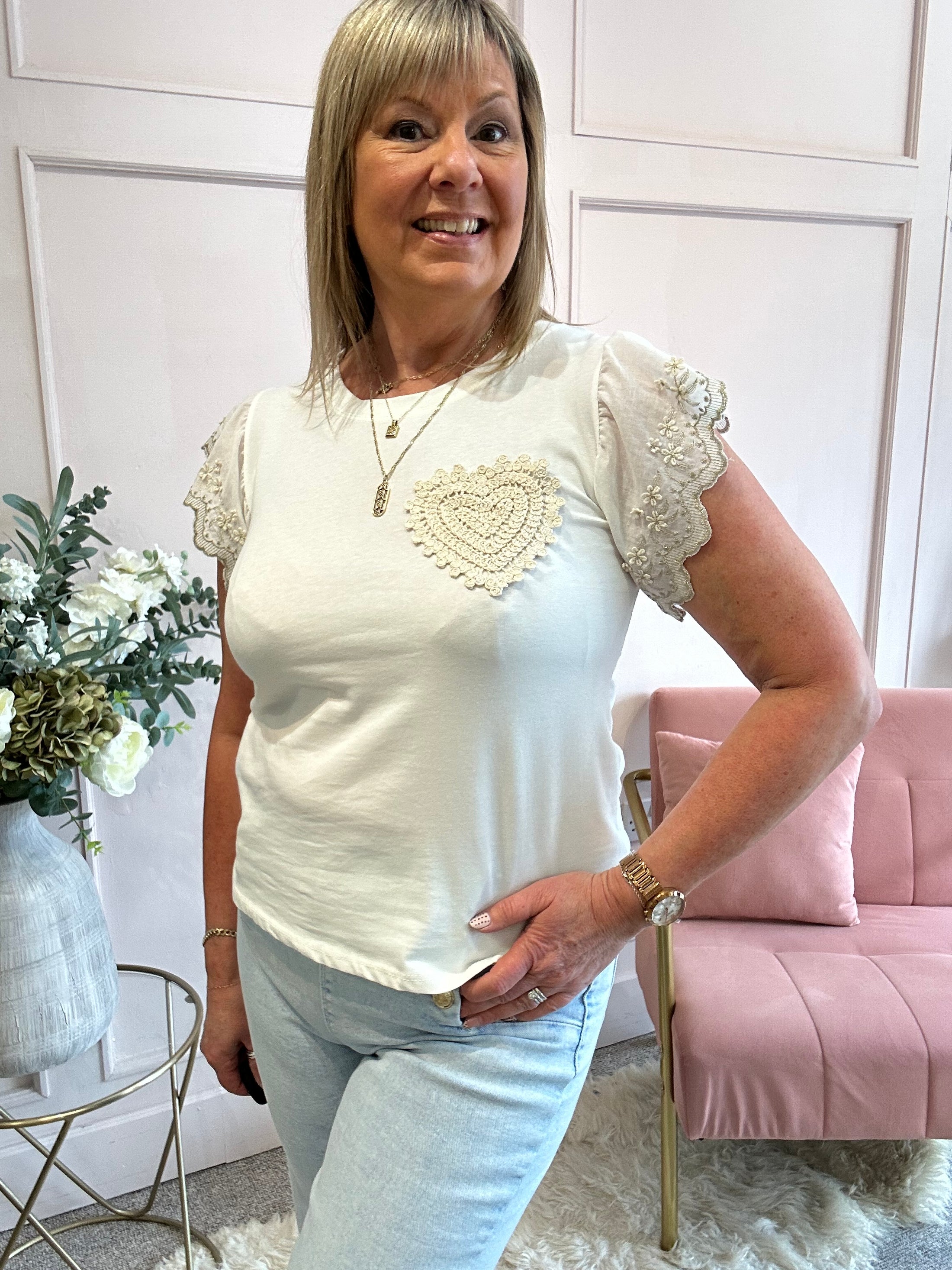 Crochet Heart & Lace T Shirt  - White - Wardrobe By Simone