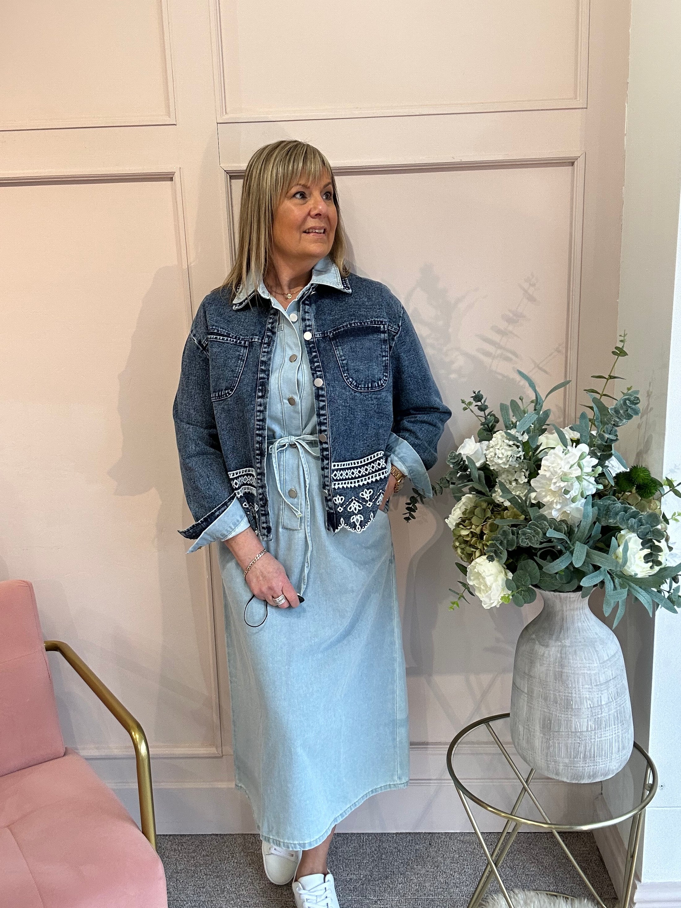 Embroidered Denim Jacket - Denim Blue - Wardrobe By Simone