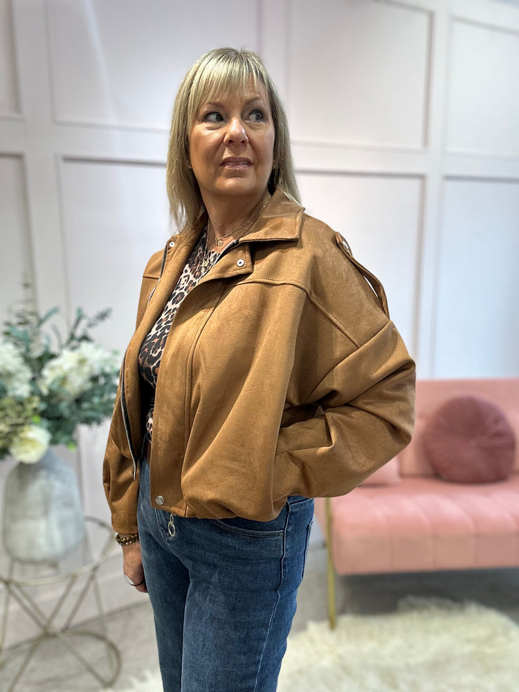 Zipped Suedette Bomber Jacket - Tan
