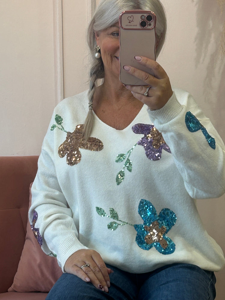 Sequin Flower Jumper - Cream/Mix