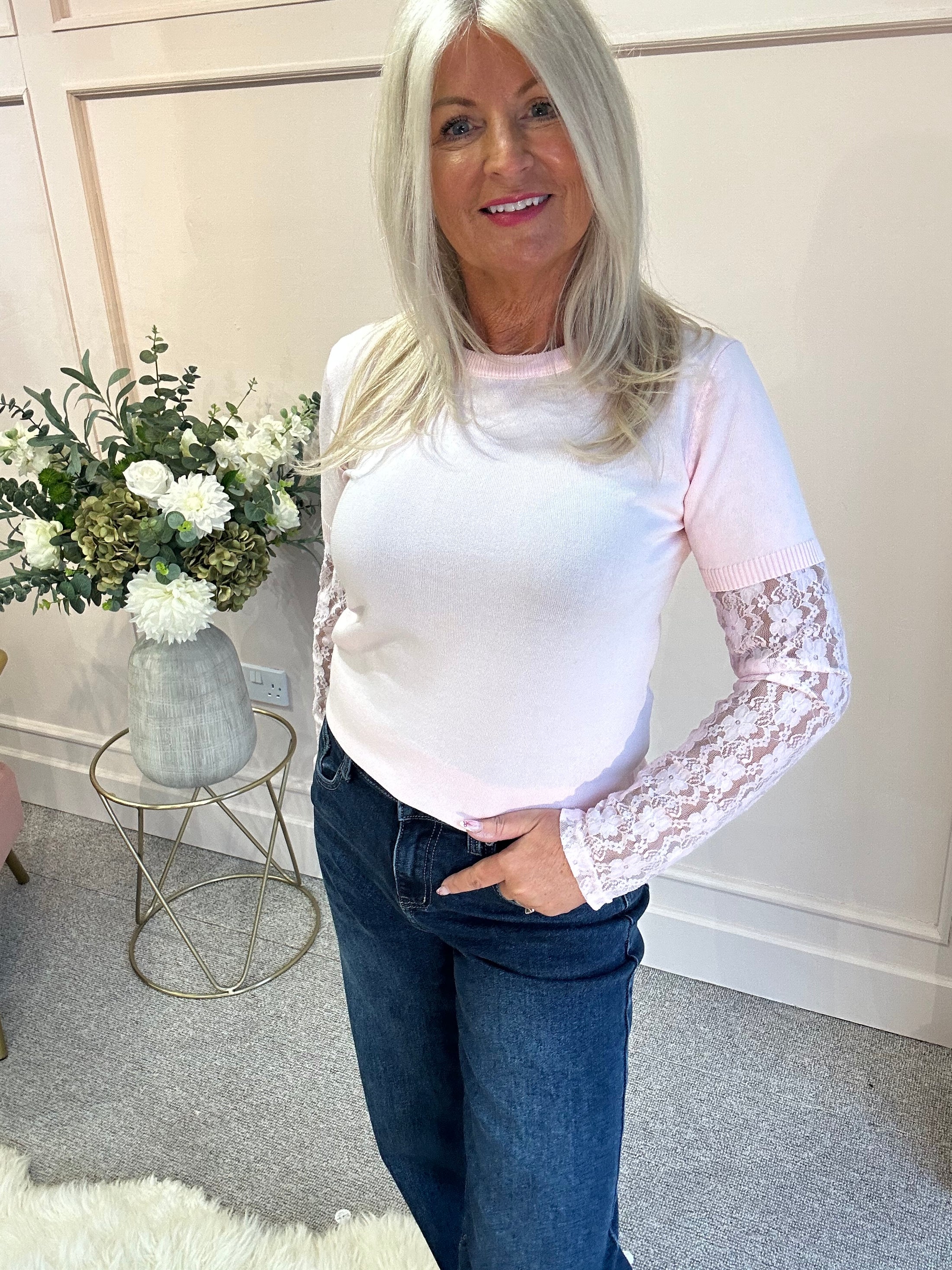 Fine Knit Jumper Lace Sleeve - Pink