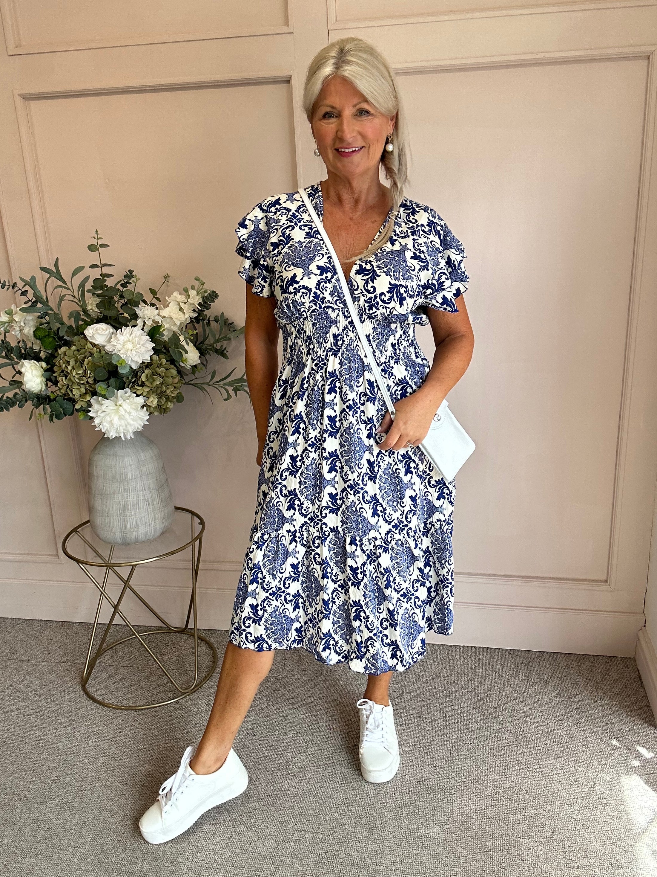 Fleur-De-Lis Midi Dress - Blue/White - Wardrobe By Simone