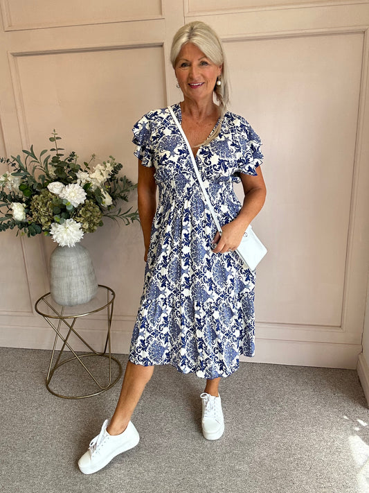 Fleur-De-Lis Midi Dress - Blue/White - Wardrobe By Simone