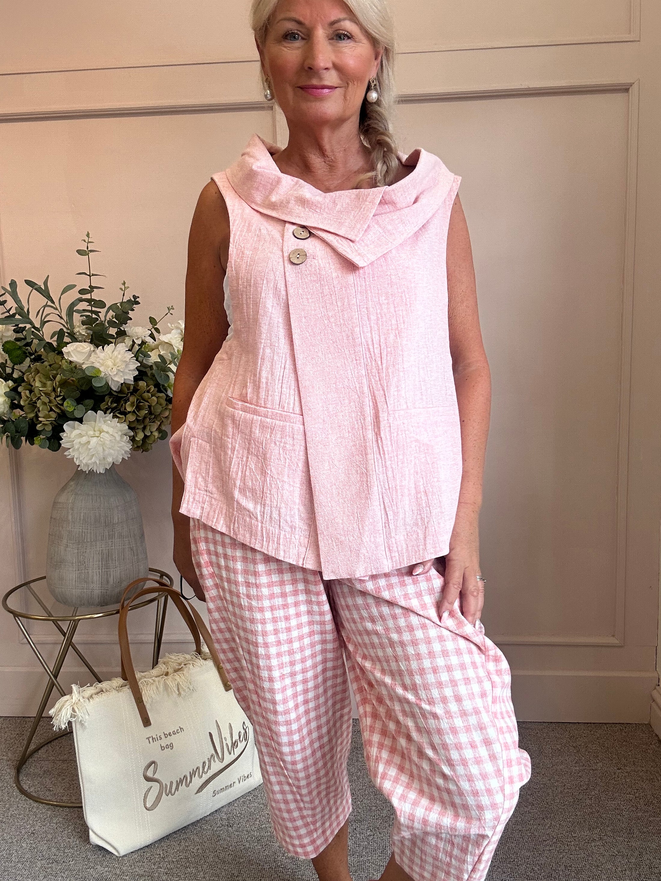 Cowl Neck Waistcoat Style Top - Pale Coral One Size