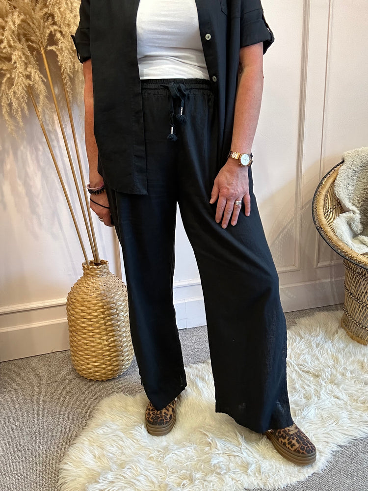 Linen & Cotton Wide Leg Pant - Black