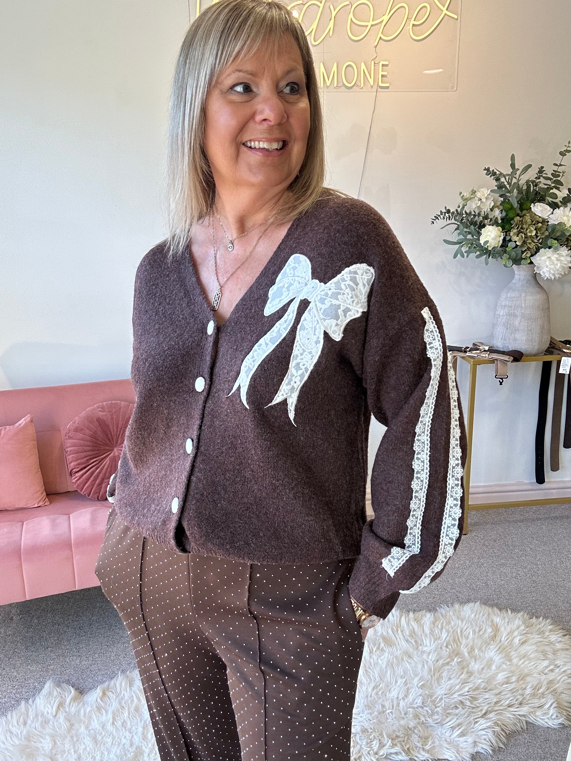 Lace Bow Detail Cardigan - Brown/White