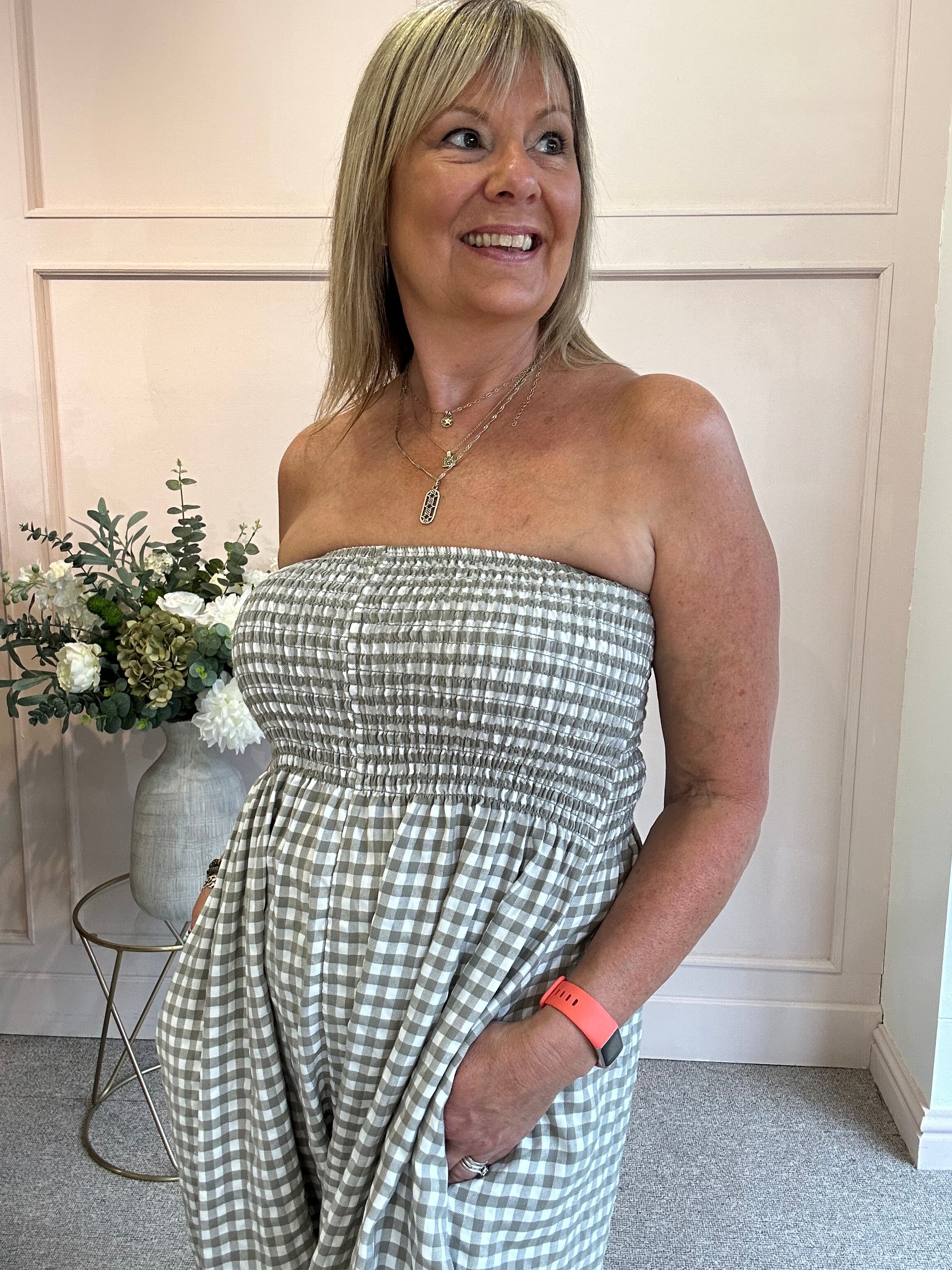 Elasticated Bodice & Gingham Jumpsuit - Taupe/White