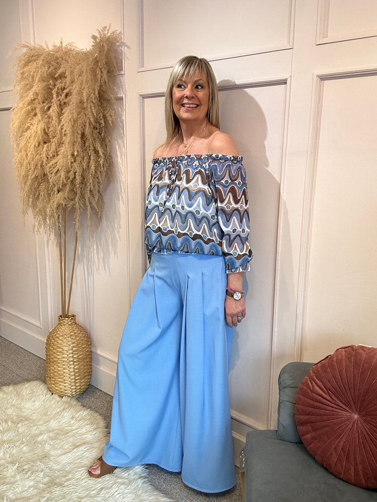 Ruffle Neck Swirl Print Blouse - Blue/Beige