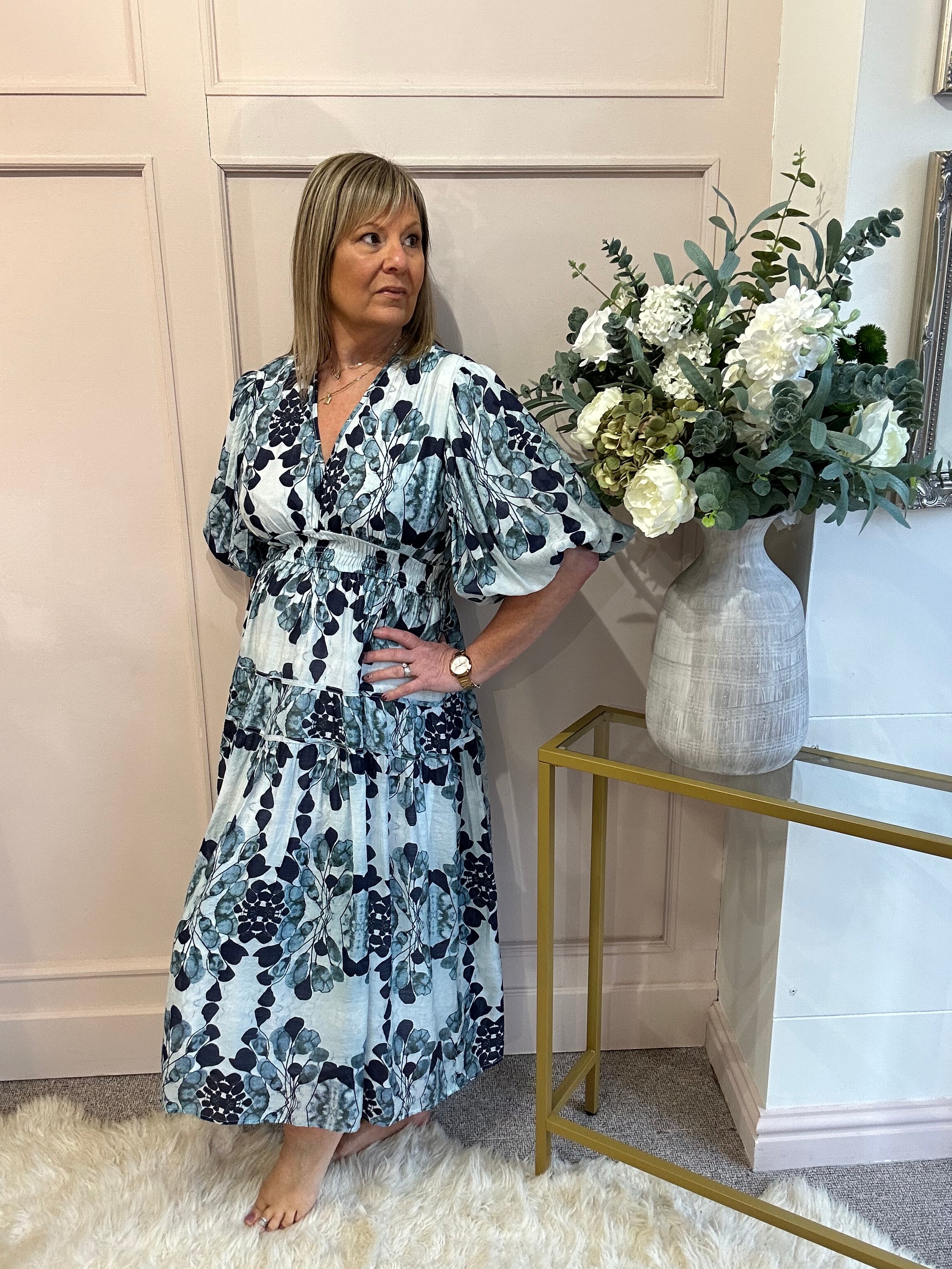 Floral Leaf Dress  - Blues - Wardrobe By Simone