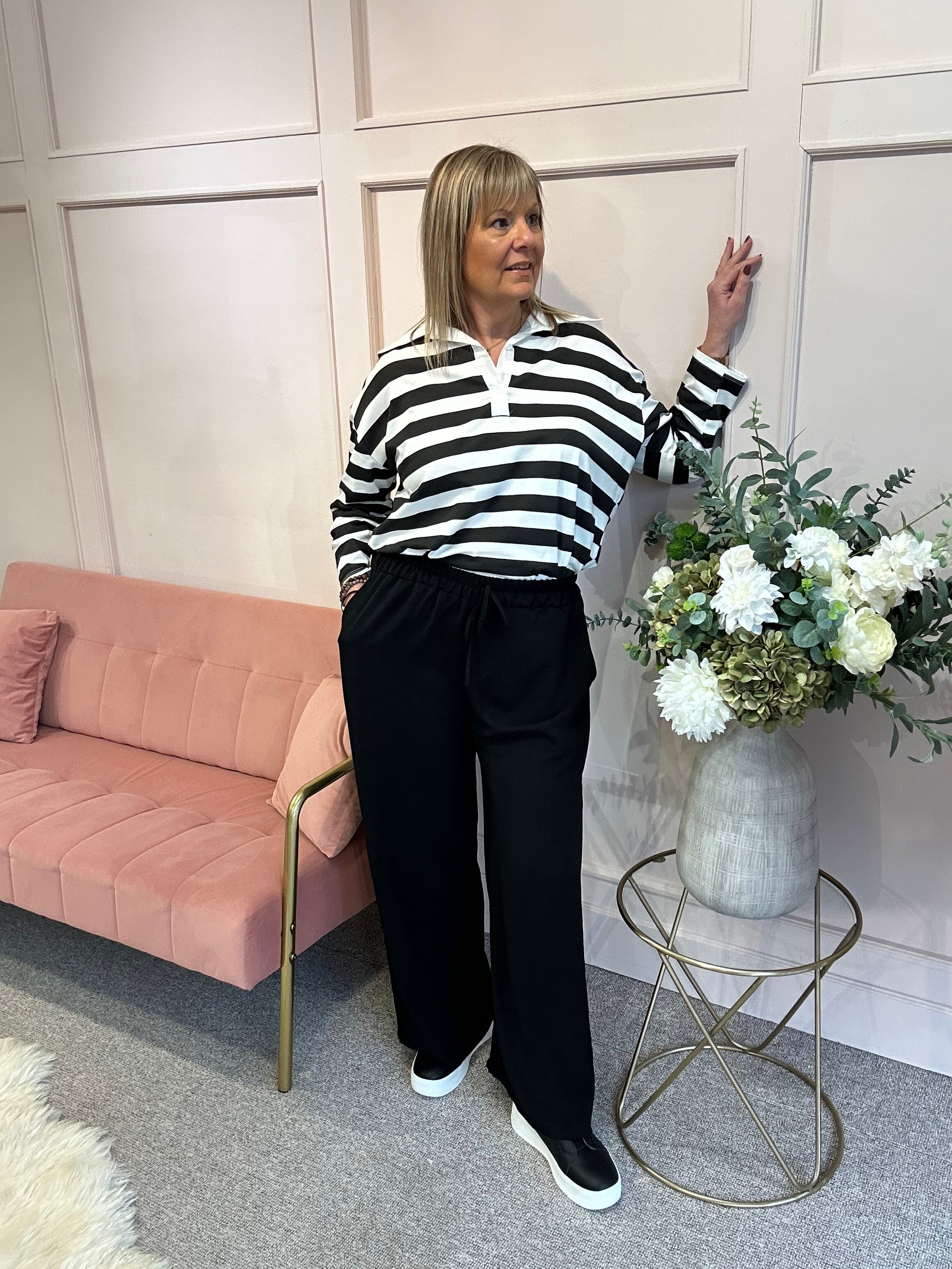 Striped Rugby Shirt Top - Black/White - Wardrobe By Simone