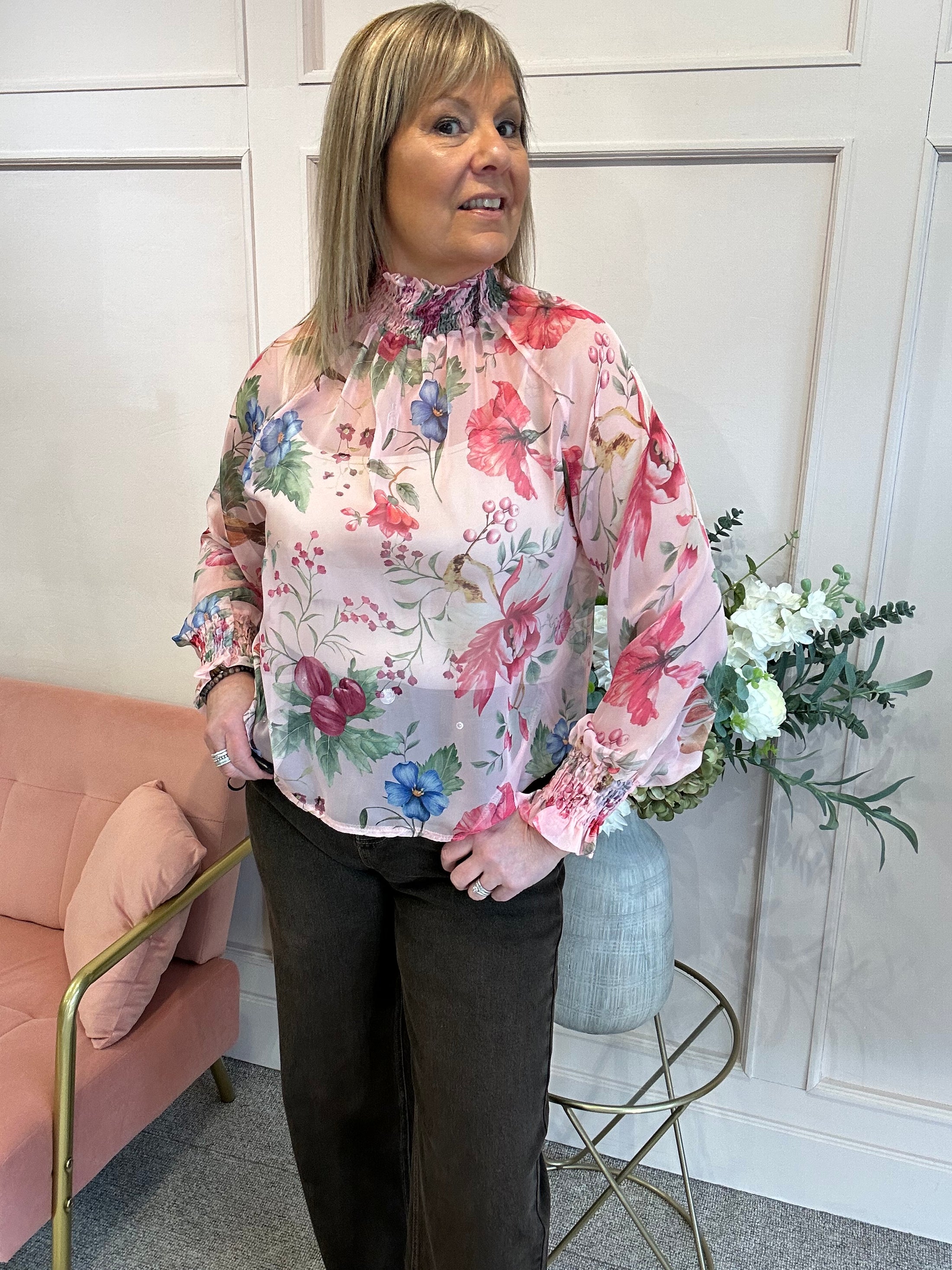 Floral Berry Ruffle Neck Top  - Pinks - Wardrobe By Simone