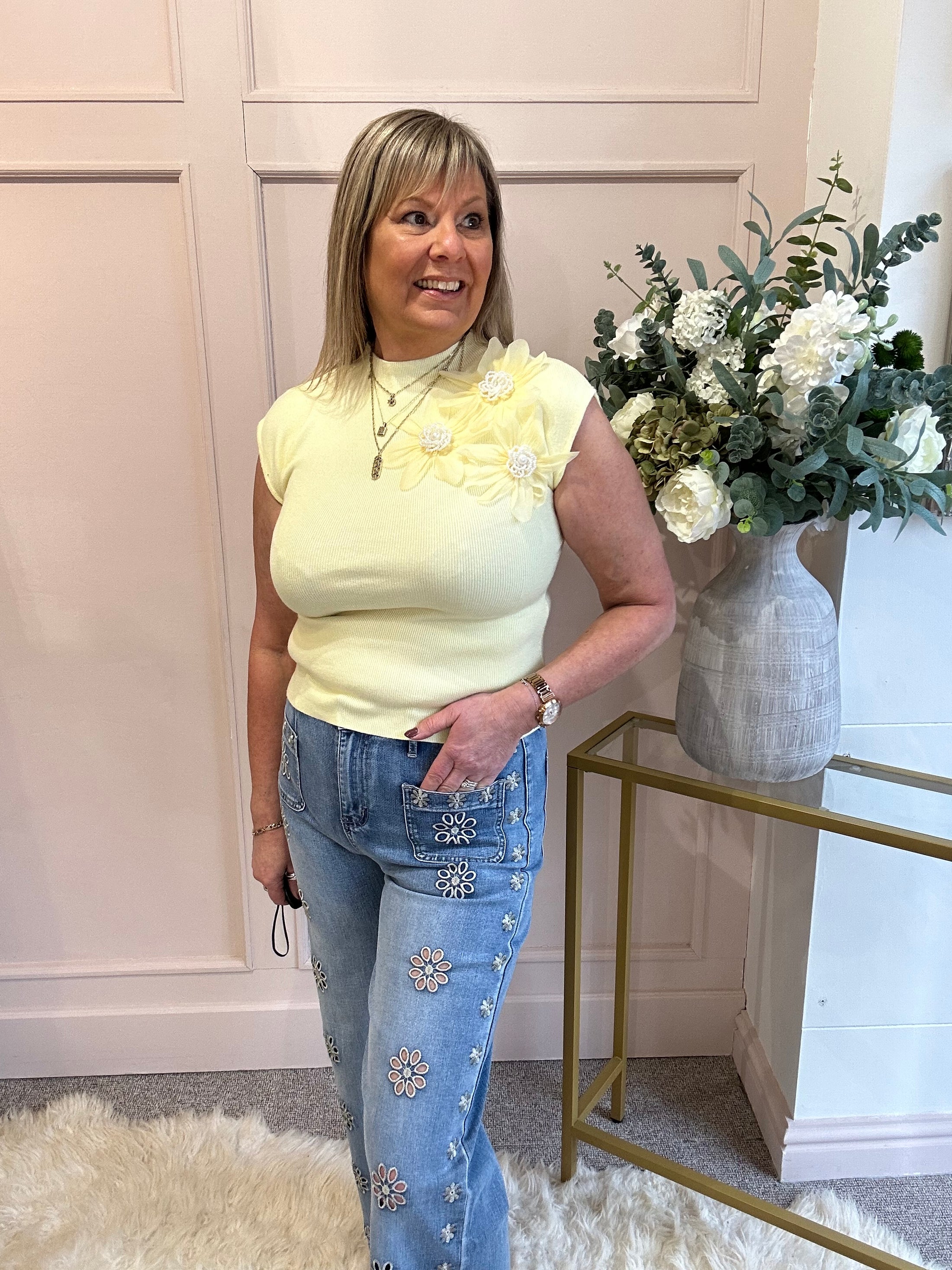 Flower Pearl Detailed Top  - Yellow - Wardrobe By Simone