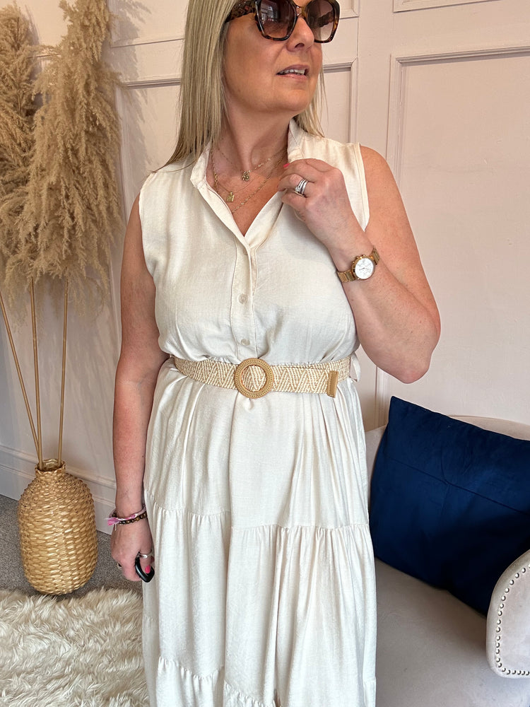 Mandarin Collar Sleeveless Midi Dress - Cream