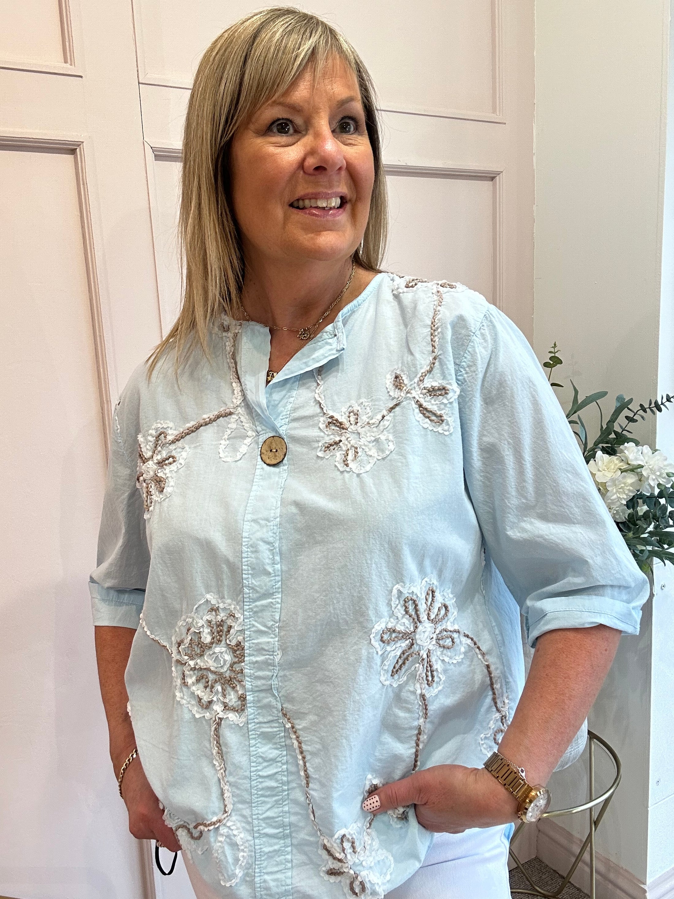 Pretty Applique Flower Shirt  - Soft Blue - Wardrobe By Simone