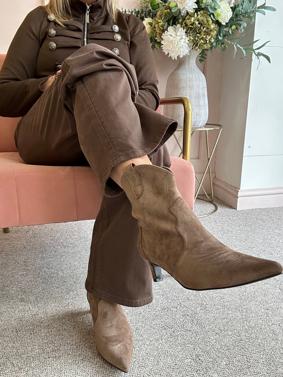Kitten Heel Ankle Boot -Beige - Wardrobe By Simone