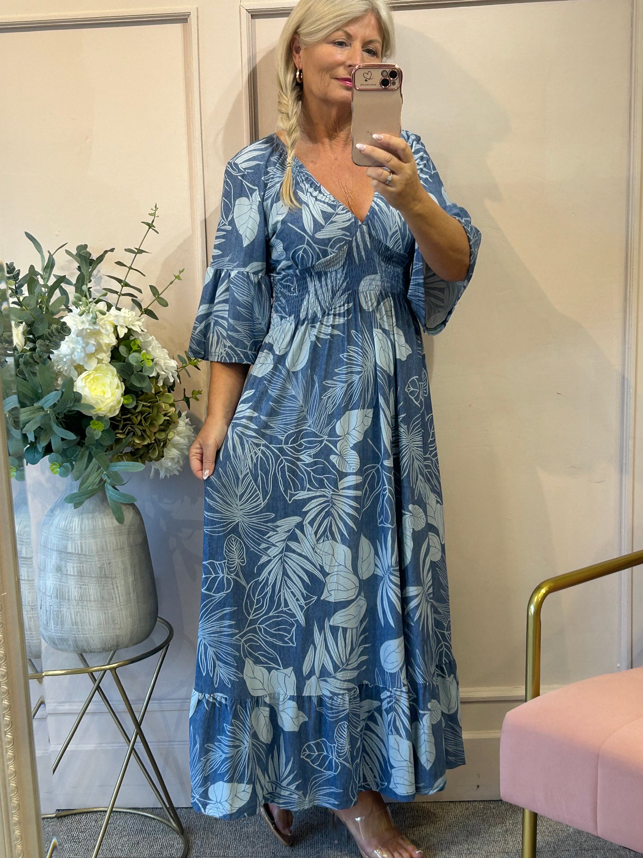 Maxi V Neckline Dress  - Blue/White