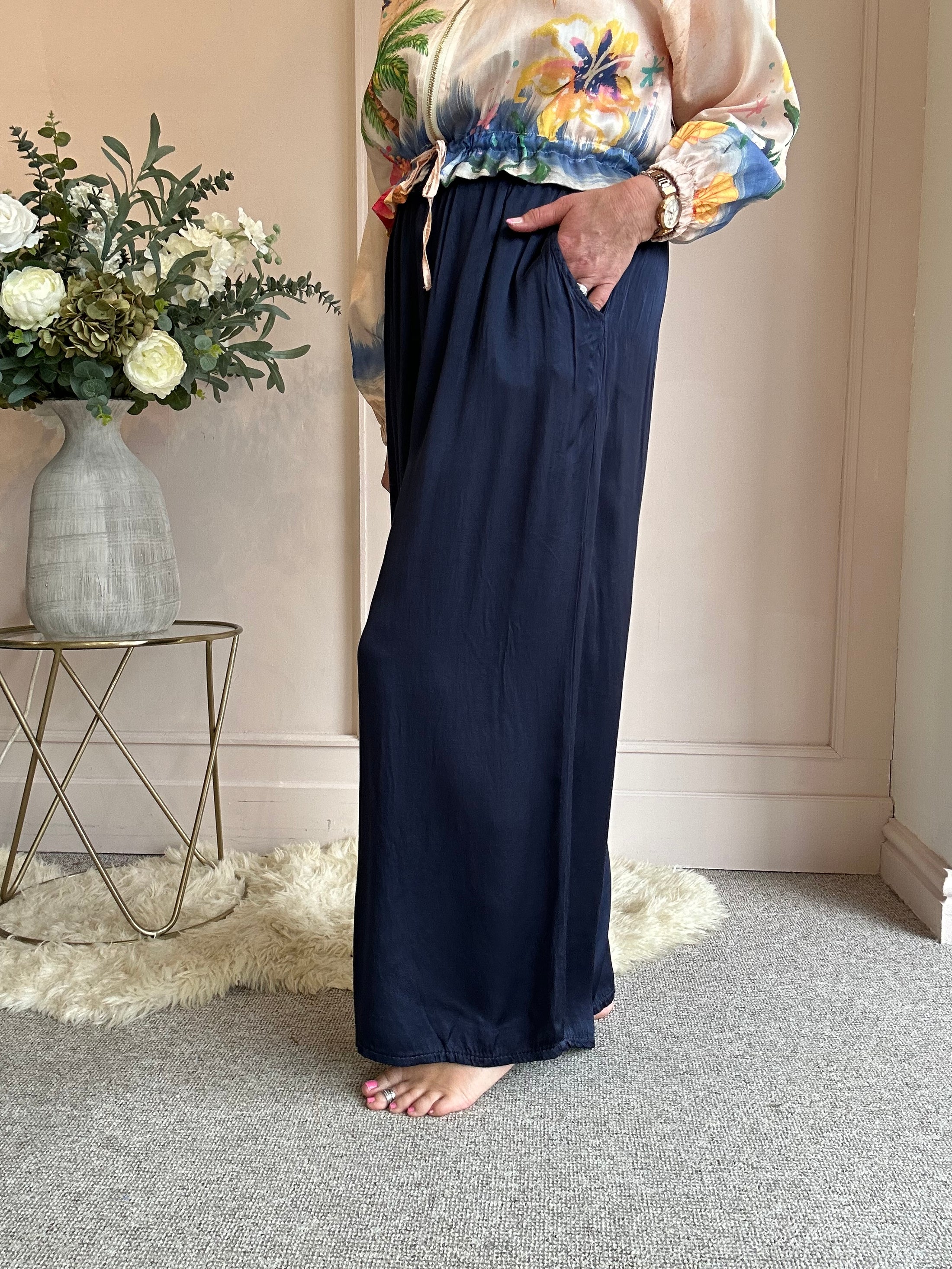Satin Feel Wide Pant - Rich Navy
