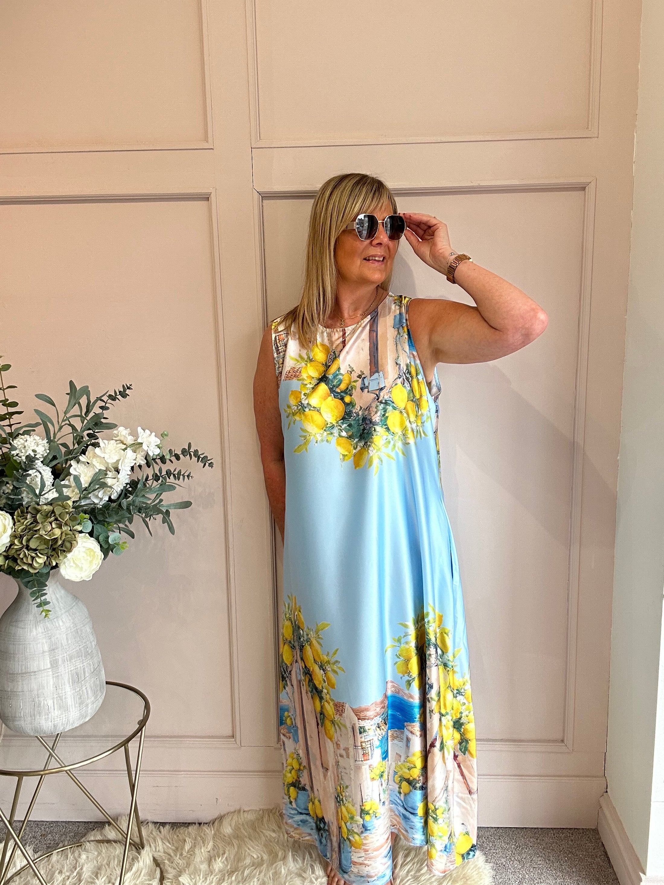 Santorini & Lemons Maxi Dress- Aqua Blue