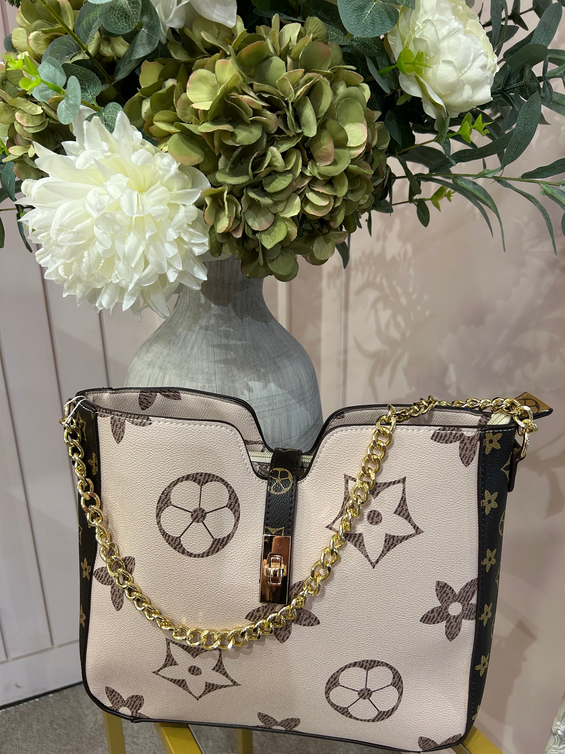 Structured Patterned Chain Bag - Cream/Brown - Wardrobe By Simone