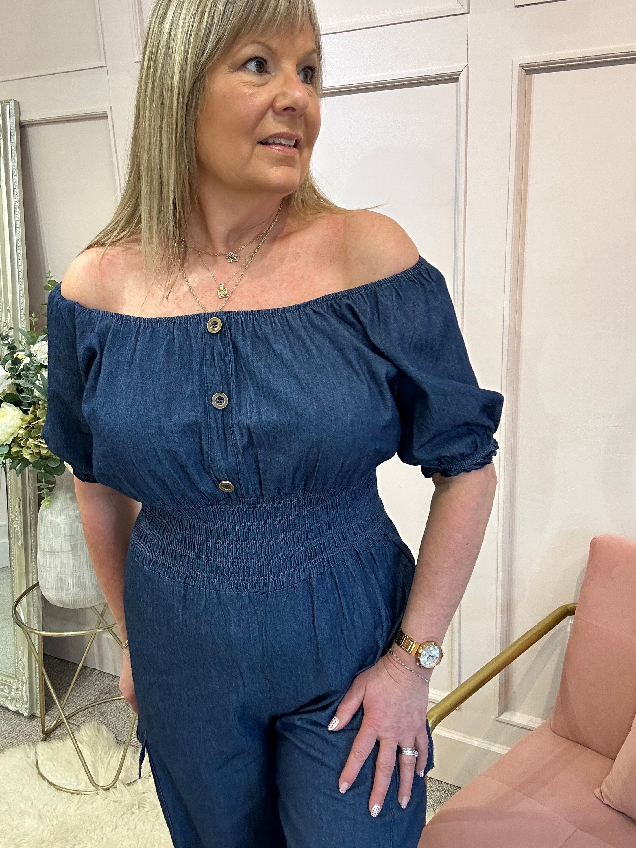Off Shoulder Denim Vibe Jumpsuit - Blue - Wardrobe By Simone
