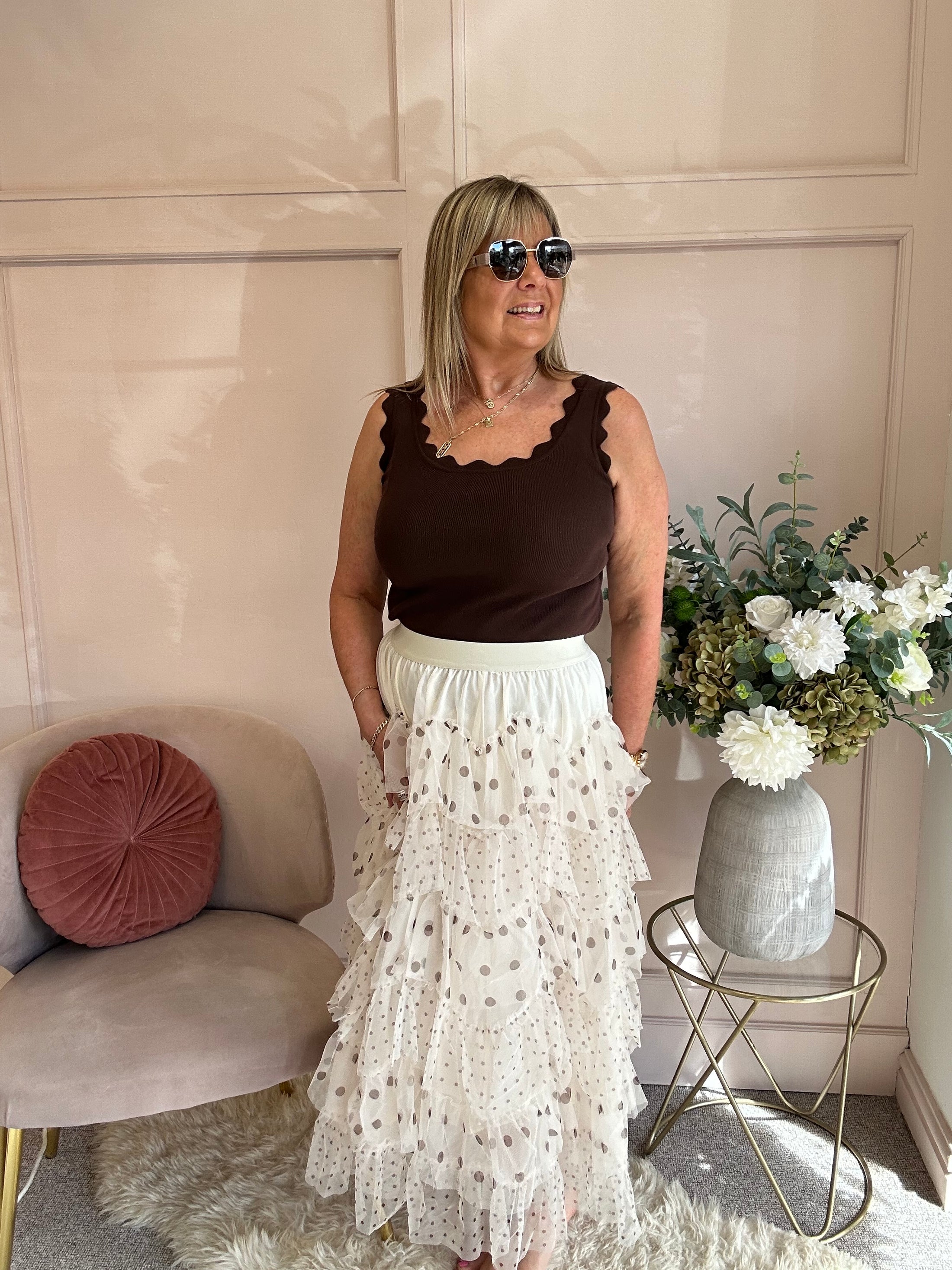 Spotty Tiered Net Maxi Skirt - Cream/Brown - Wardrobe By Simone