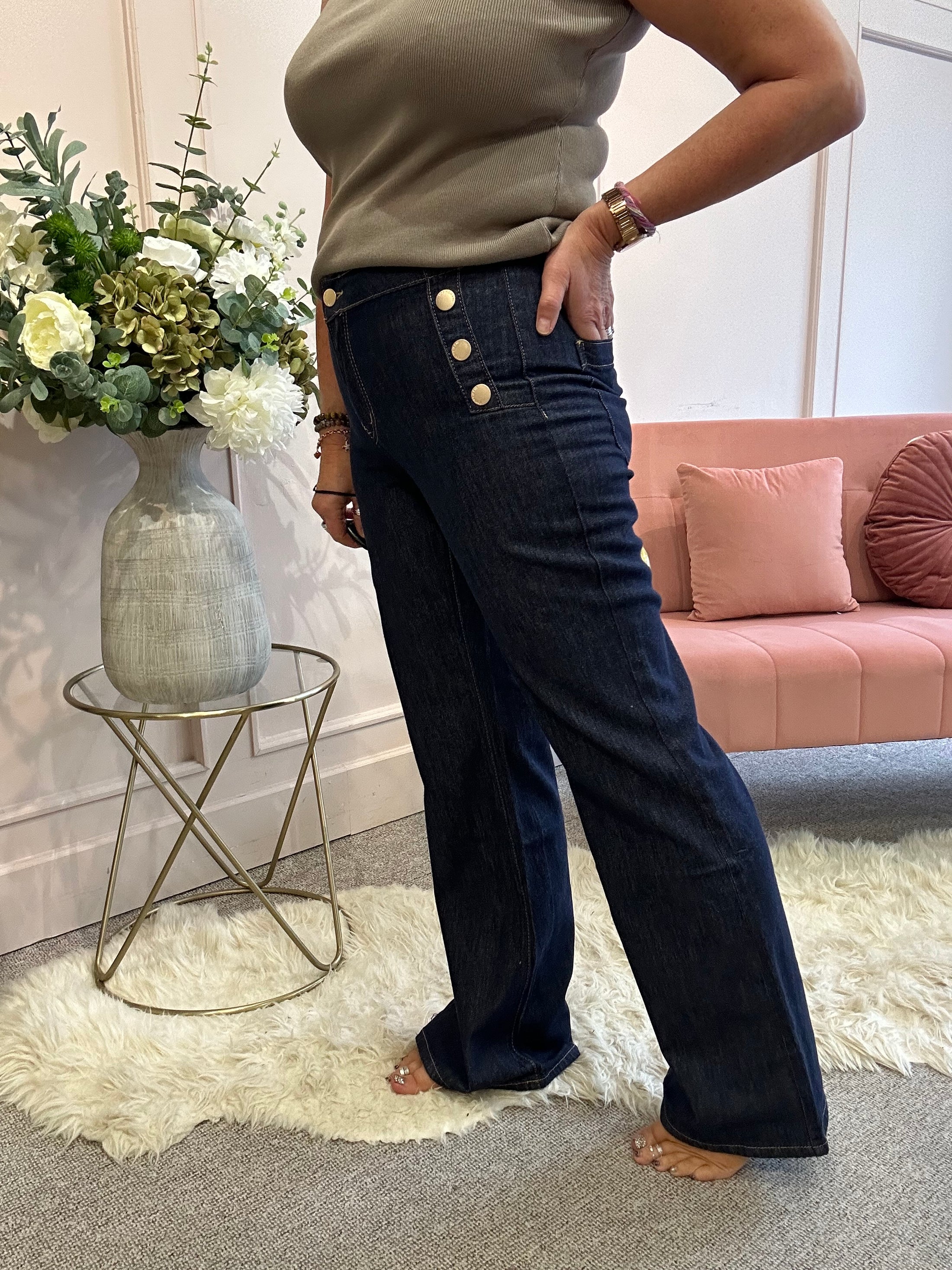 Gold Button Detail Wide Jean - Denim