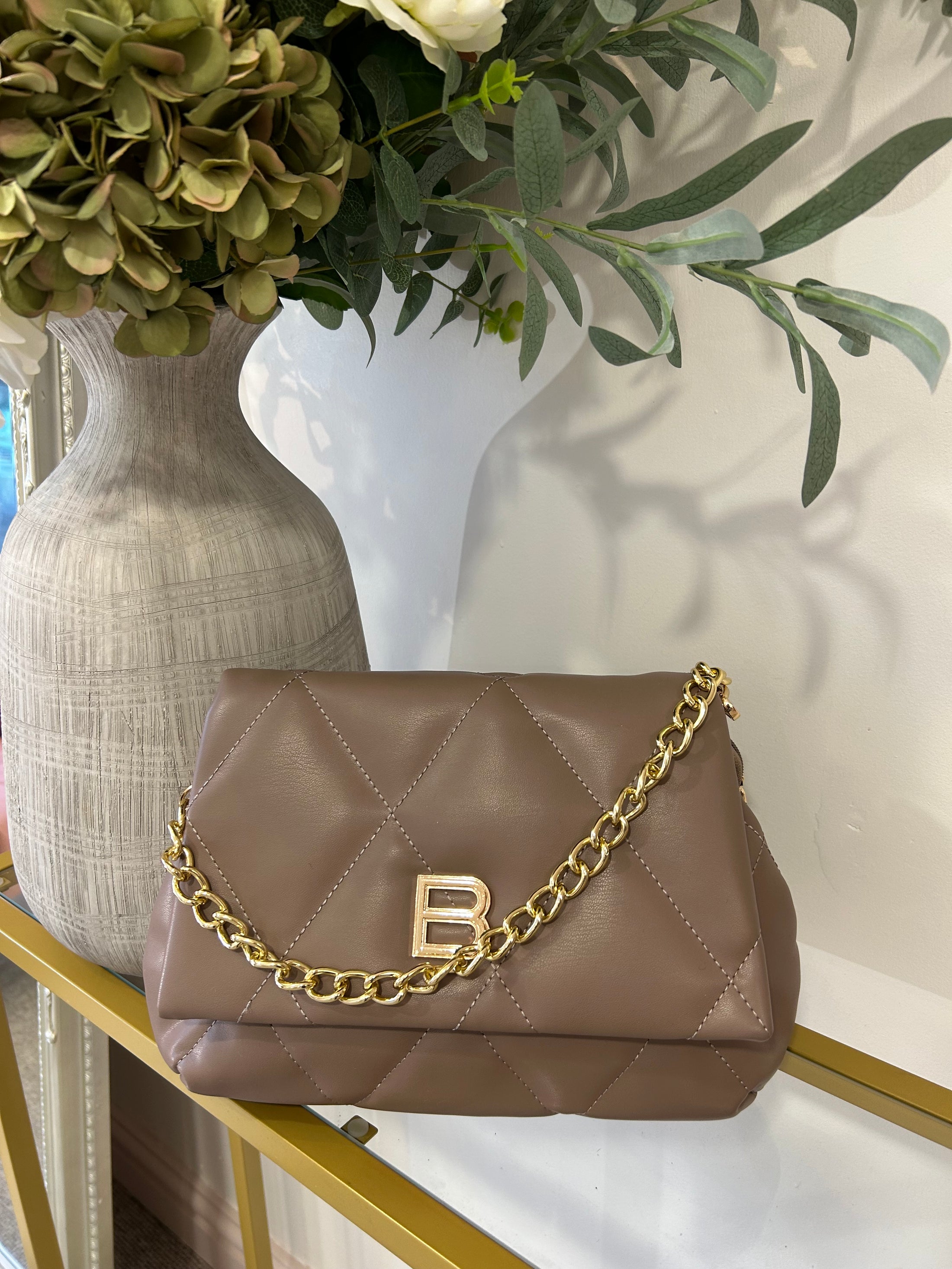 B Gold Chain Bag - Beige