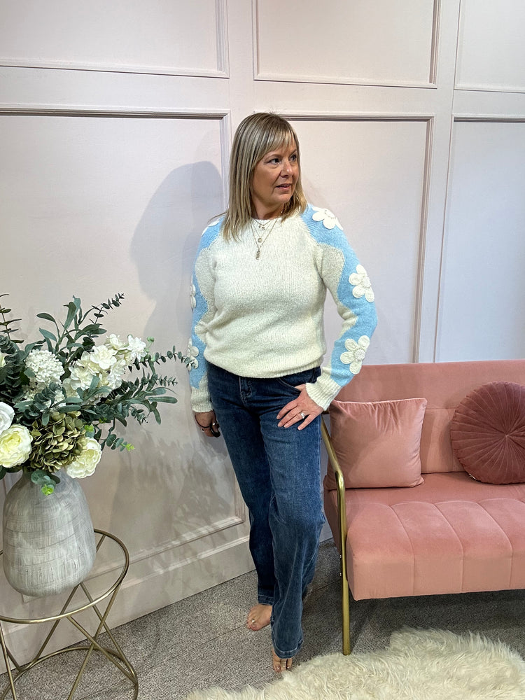 Beaded Flower Detail Jumper - Cream/Blue