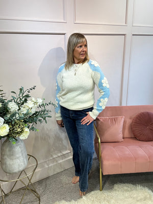 Beaded Flower Detail Jumper - Cream/Blue