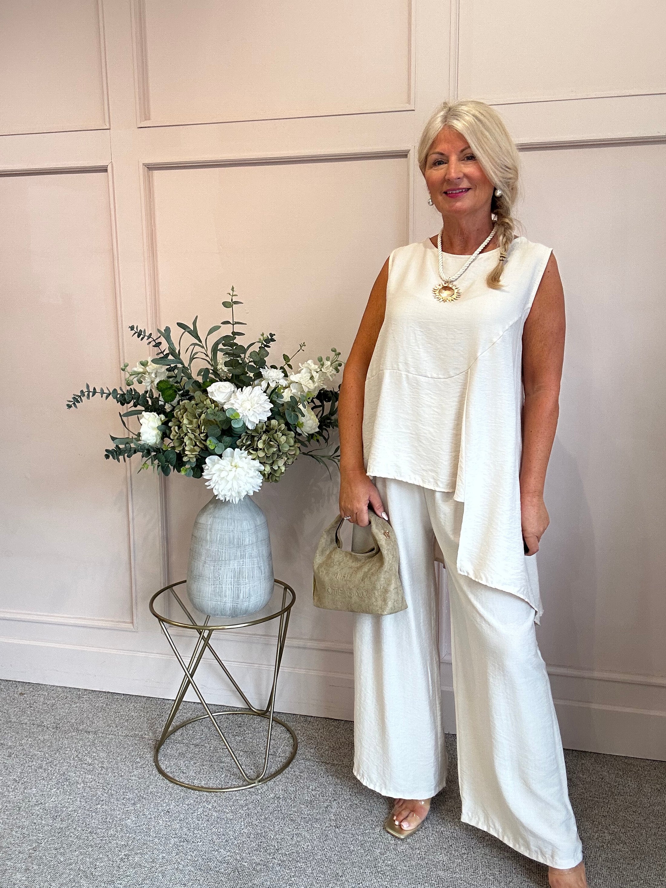 Sleeveless Asymmetrical Top & Pants Set - Cream One Size