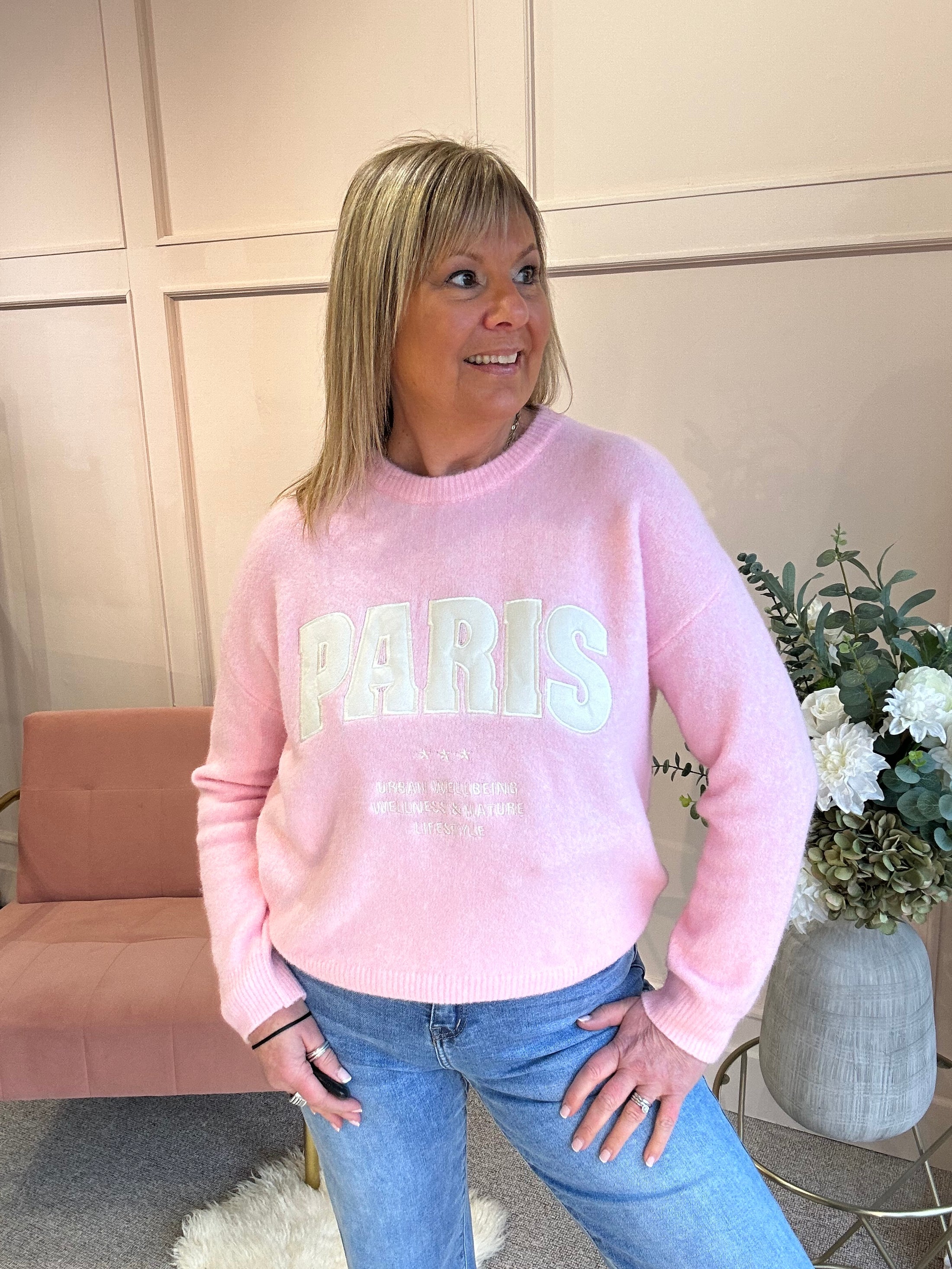 Embossed Paris Jumper - Pink